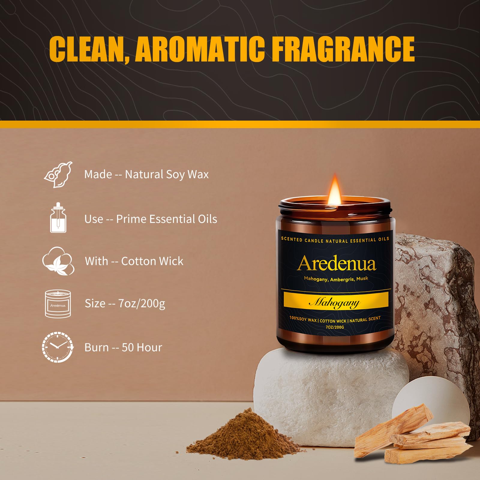Mahogany Candle - Soy Candle with Rich Wood & Warm Aroma, Long Lasting Scented Candle for Home, Office, Lounge, Cozy Relaxation,