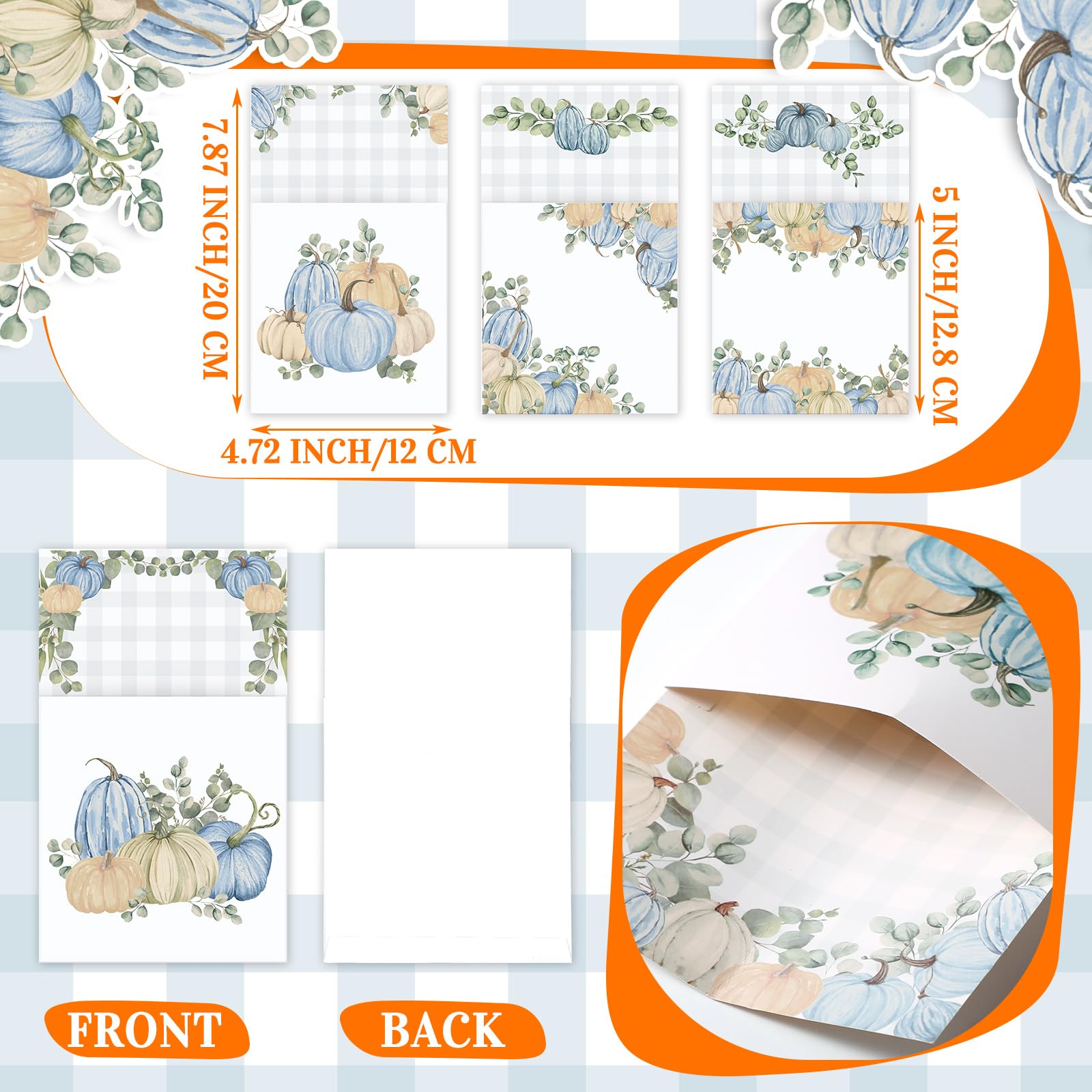 Sliner 48 Pcs Thanksgiving Cutlery Holder Fall Utensil Holder Blue Pumpkin Silverware Paper Bag Pockets Silverware Paper Pocket