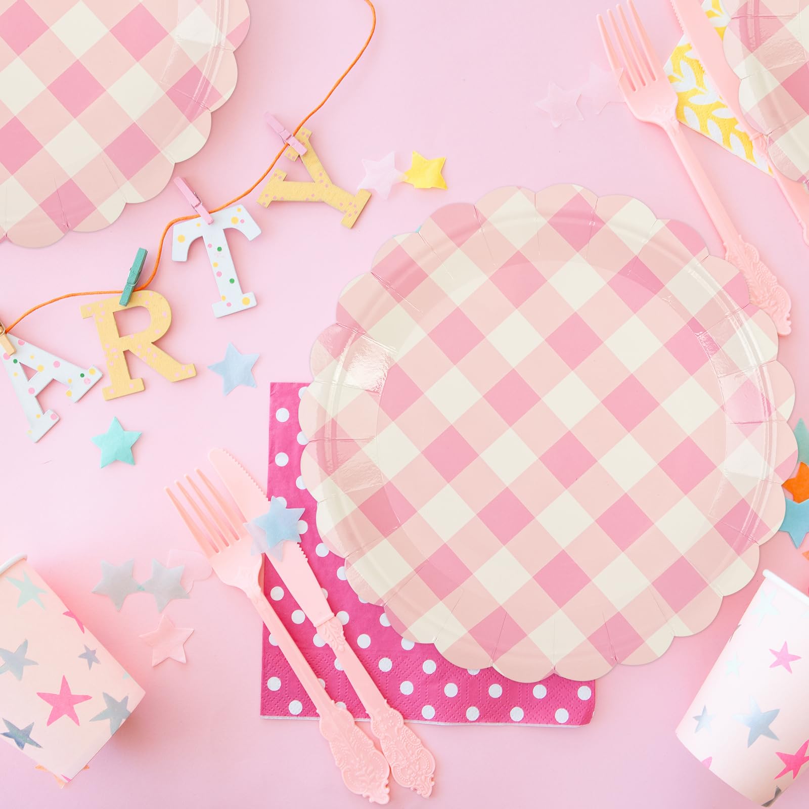 50Pcs Light Pink Scalloped Paper Plates - 7Inch Striped Dessert Plates For Cake Salad Fruit Disposable Decorative Dinner Dessert