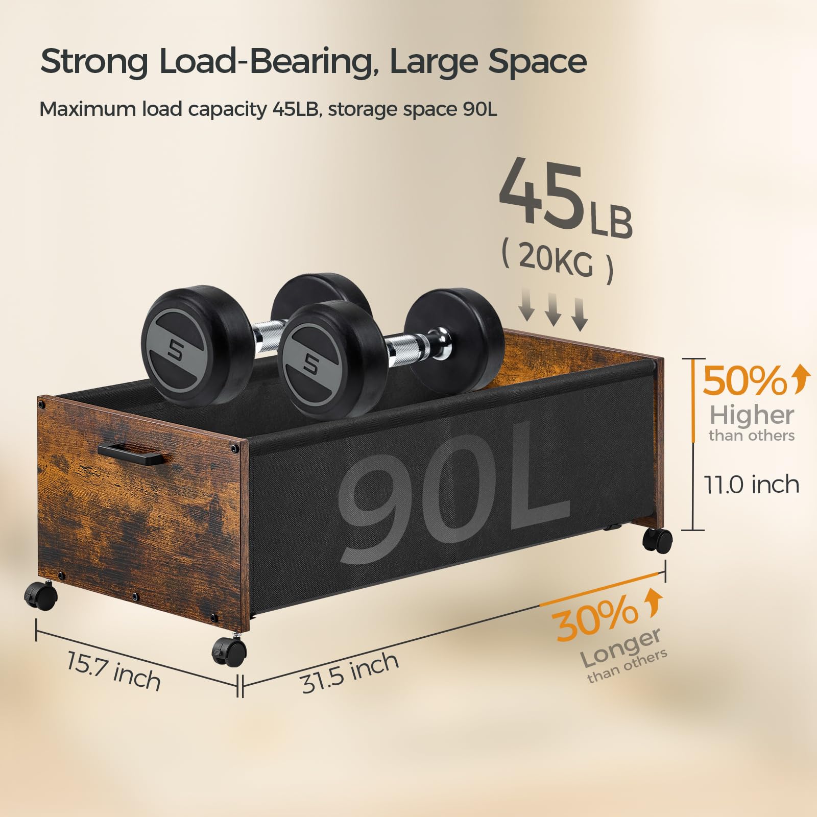 FOUCSSOMEI Under Bed Storage with Wheels, Bigger Size, Under Bed Drawers Heavy Duty, 2 Packs, Wooden Under Bed Storage Container