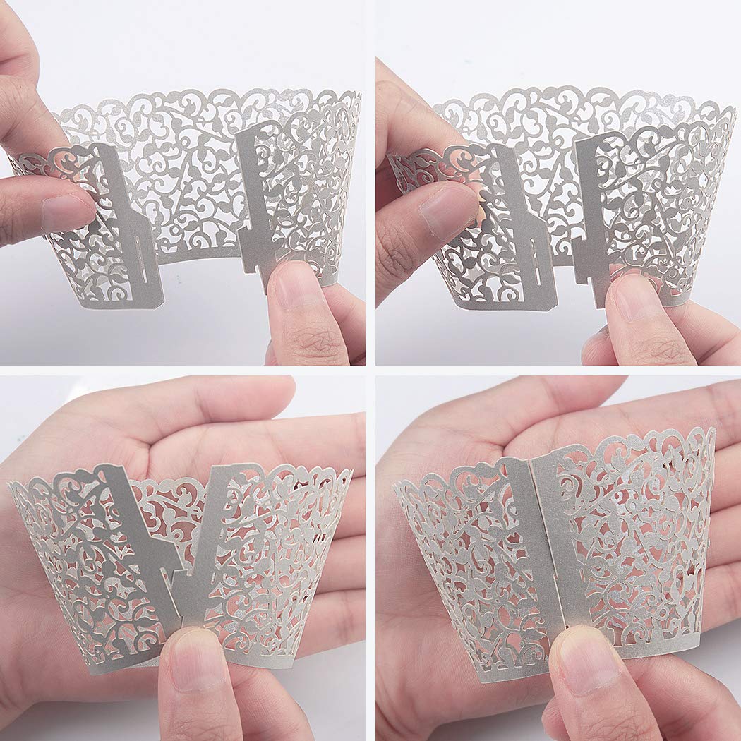 Benbilry 50 Pcs Cupcake Wrappers Artistic Bake Cake Paper Cups Laser Cut For Wedding Party Birthday Decoration (Grey)