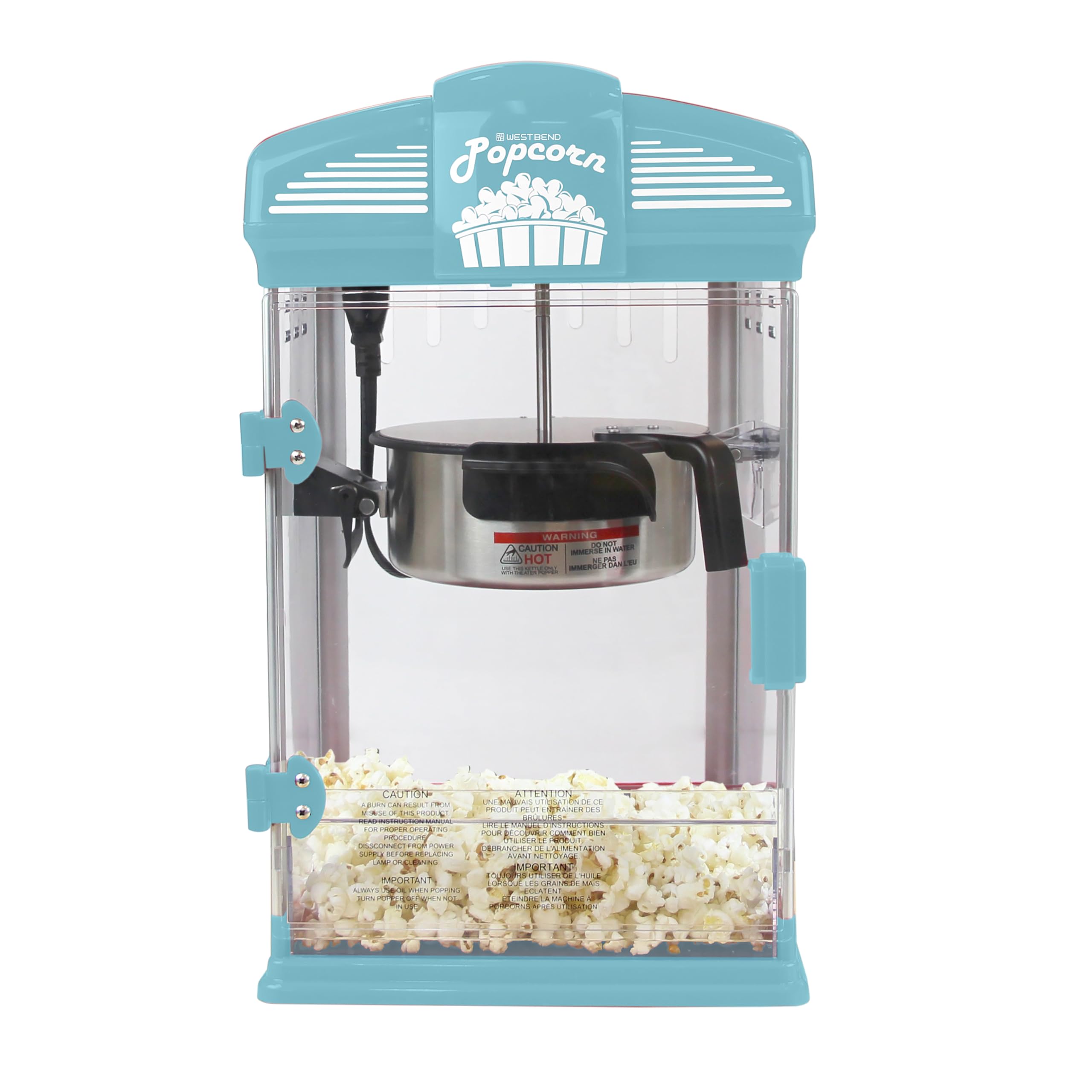 West Bend Stir Crazy Movie Theater Popcorn Popper  Gourmet Popcorn Maker with Nonstick Popcorn Kettle  Measuring Tool and Scoop   4 Qt  Blue