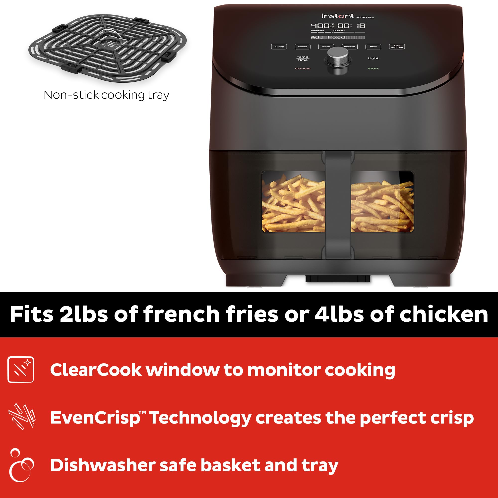 Instant Pot Vortex Plus 6Qt Clearcook Air Fryer, Clear Windows, Custom Program Options, 6-In-1 Functions, Crisps, Broils, Roasts