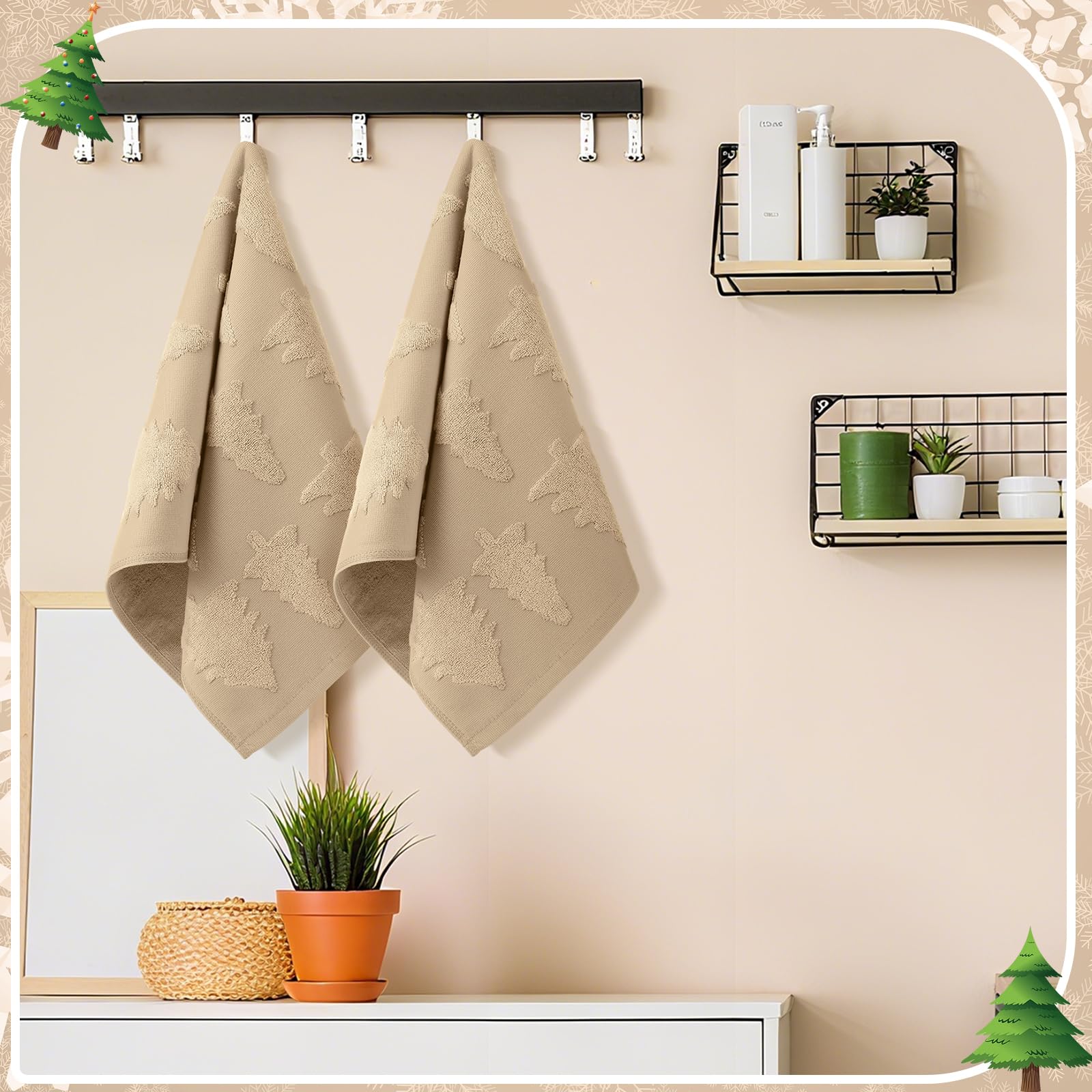 Breling 2 Pcs Christmas Hand Towels Beige Christmas Trees Bathroom Decorative Towels 100% Cotton Absorbent Jacquard Weave Bath D