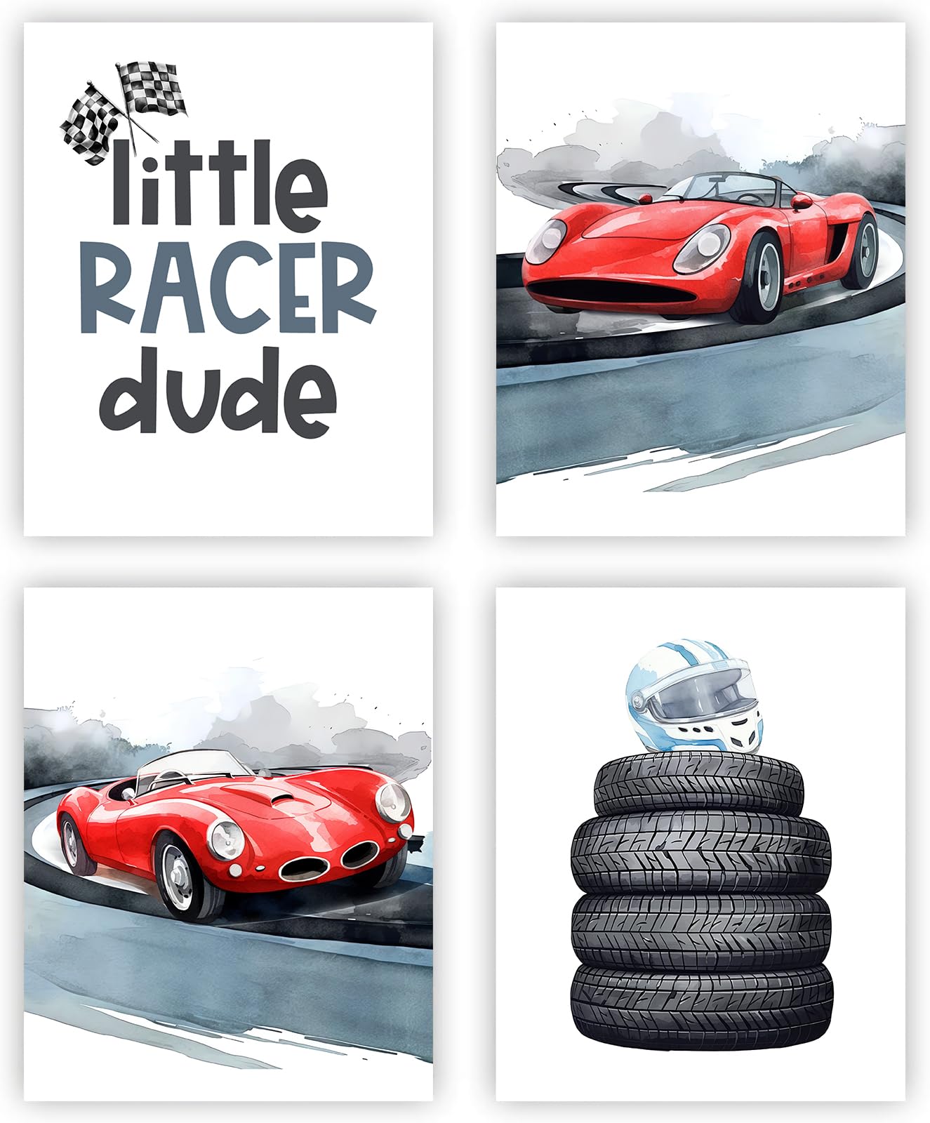 Niiorty Race Car Wall Art Boys Room Decor, Little Racer Dude Prints, Watercolor Red Sports Car Racing Helmet Tires Canvas Poster