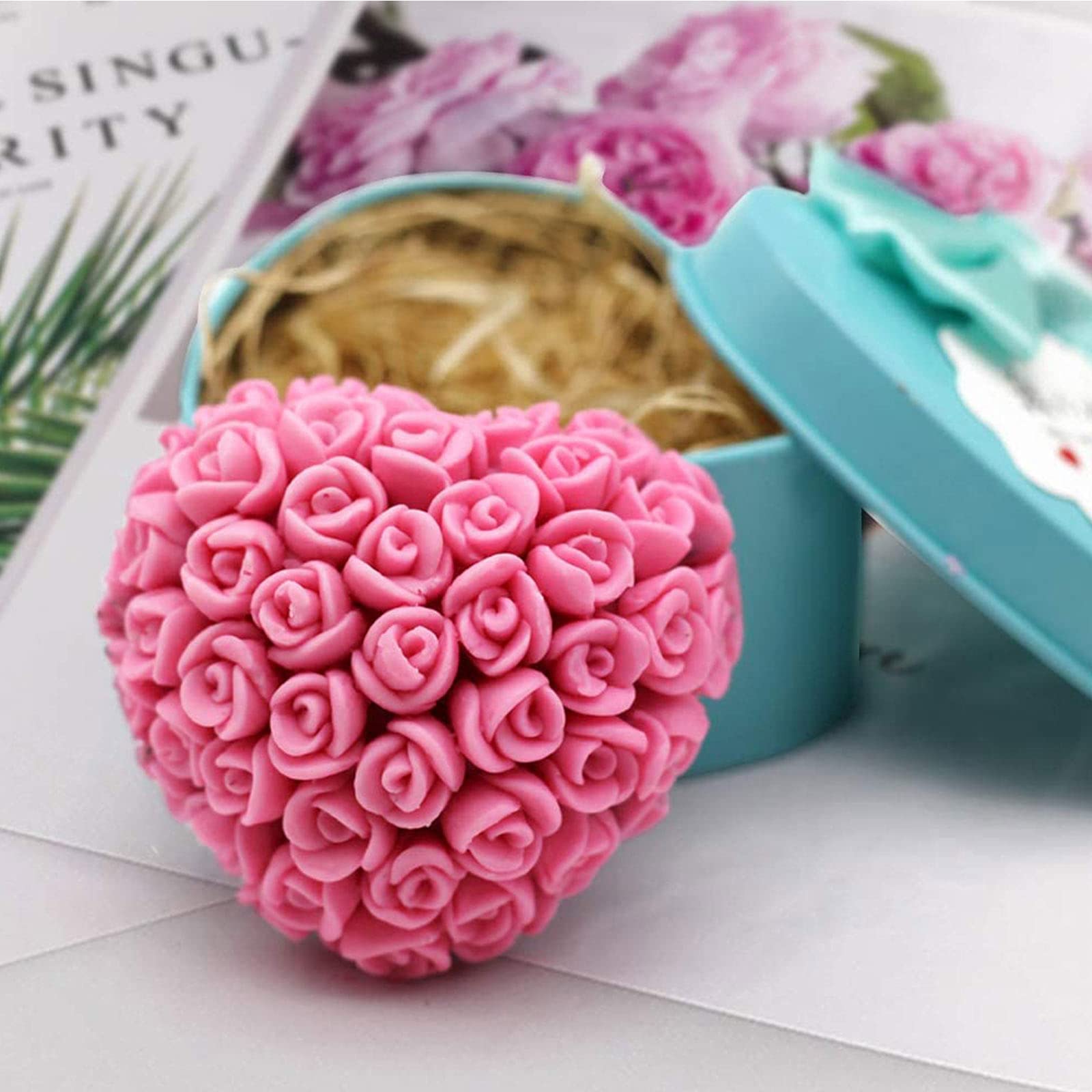Whaline 4Pcs 3D Rose Silicone Mold Valentine'S Day Mold Assorted Heart Flower Bloom Shape Fondant Mould Chocolate Candy Mold Cak