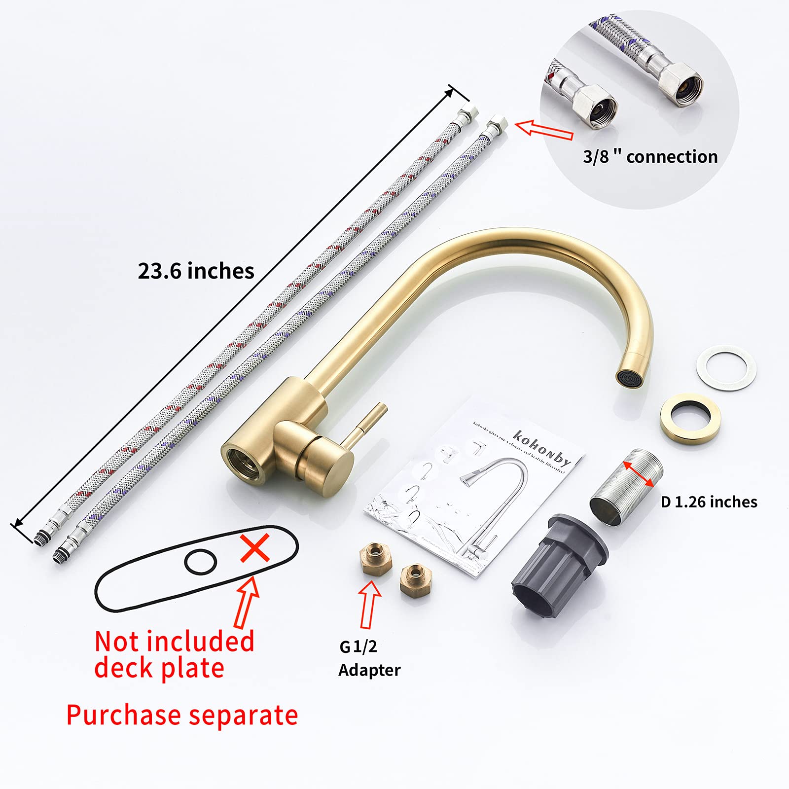 Kohonby Single Handle High Arc Brushed Gold Kitchen Faucet Stainless Steel Commercial Single Hole Kitchen Sink Faucet,Modern One
