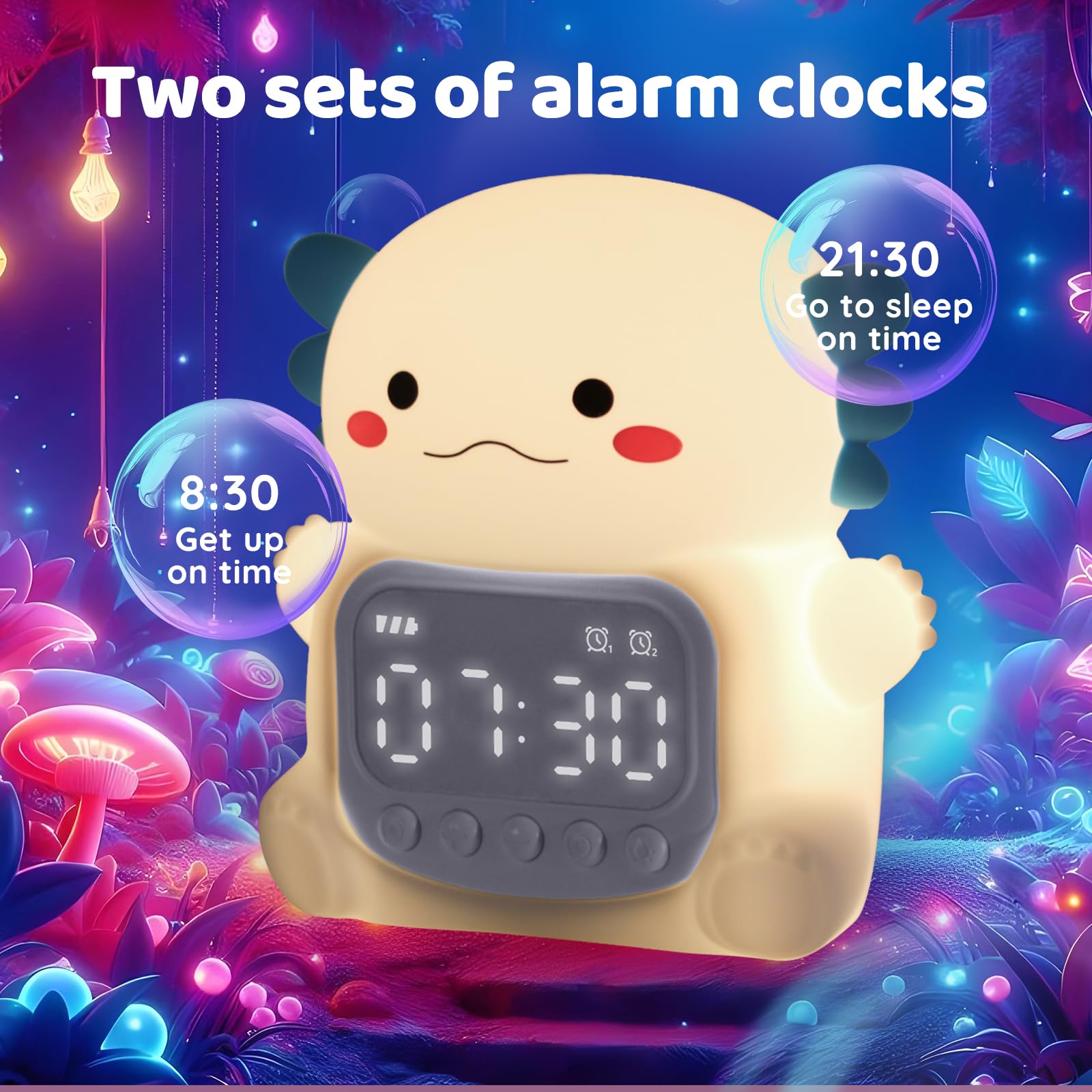 Aokpsrt Axolotl Alarm Clock with Night Light for Kids, Rechargeable Silicone Lamp Time to Wake Clock Cute Animal Tabletop Lamp,