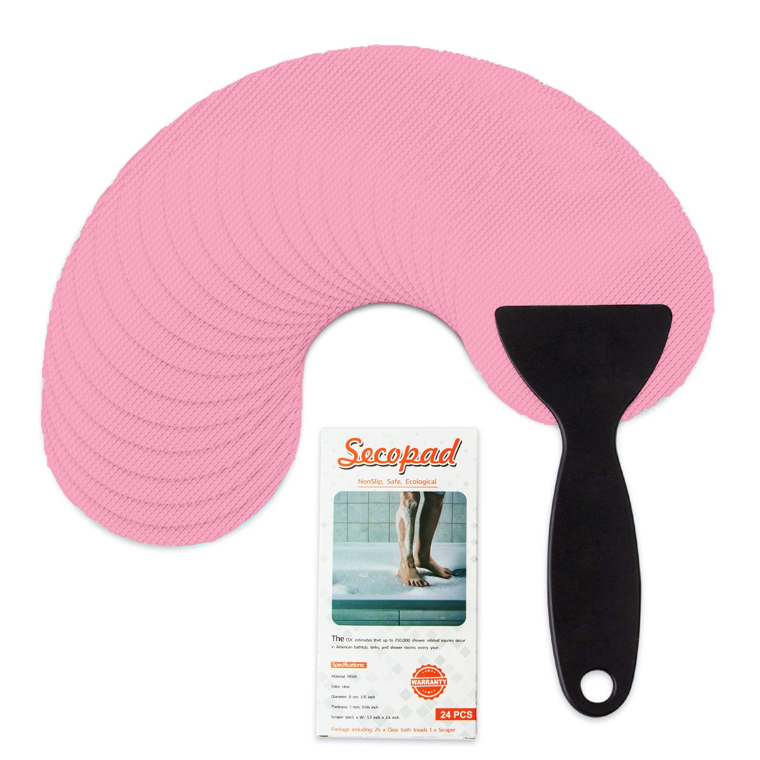 Secopad Non-Slip Bathtub Stickers, 24Pcs Safety Bathroom Tubs Showers Treads Adhesive Decals Scraper (Pink)