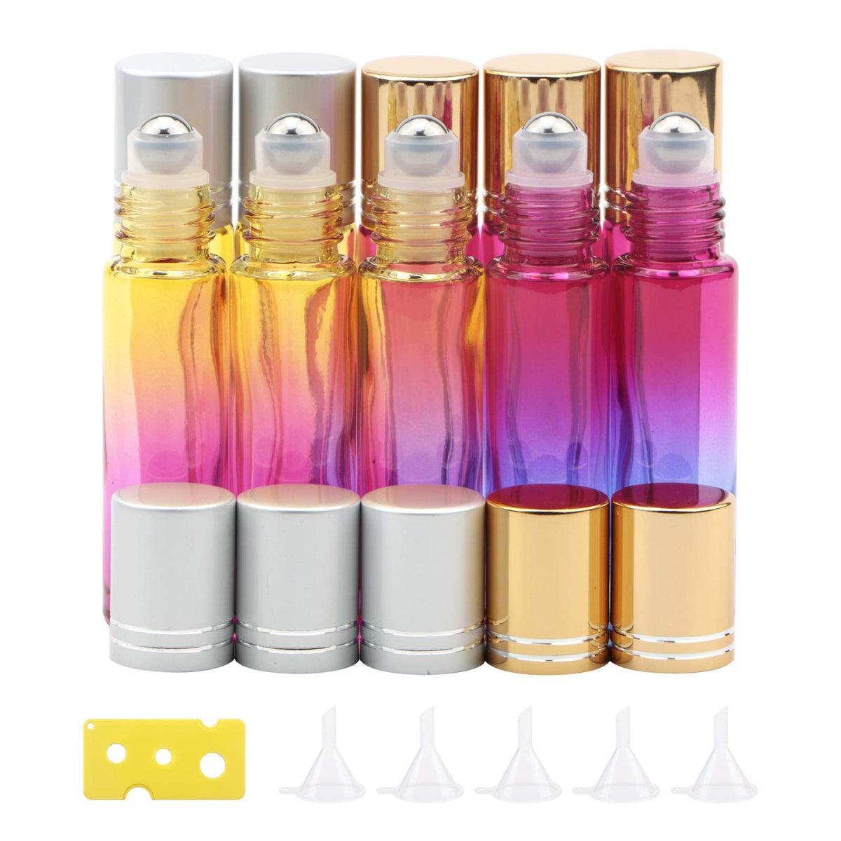 Jiuwu 10 Pack 10Ml 1/3 Oz Gradient Color Glass Stainless Ball Roller Bottles Beauty Cosmetic Essential Oils Vials Bottles 5 Funn