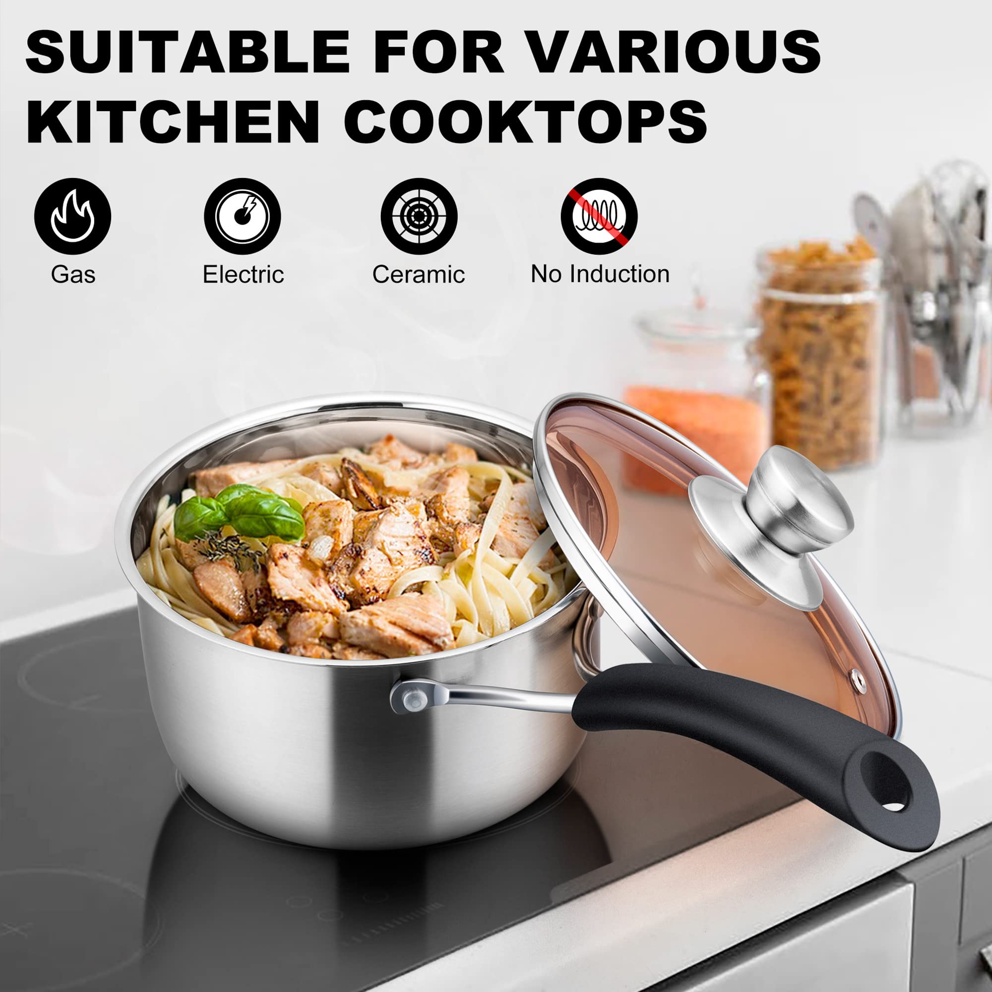 Lianyu 1Qt Saucepan With Lid, 1 Quart Stainless Steel Saucepan, Small Pot Milk Soup Pan For Home Kitchen Restaurant, Long Heatpr