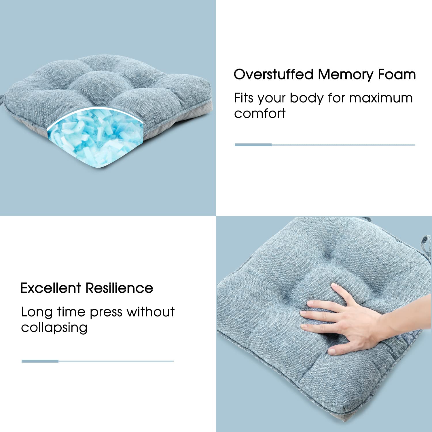 Basic Beyond Chair Cushions for Dining Chairs 4 Pack  Memory Foam Chair Cushion with Ties and Non Slip Backing  15.5 x 15.5 inches Tufted Chair Pads for Dining Chairs(Baby Blue)