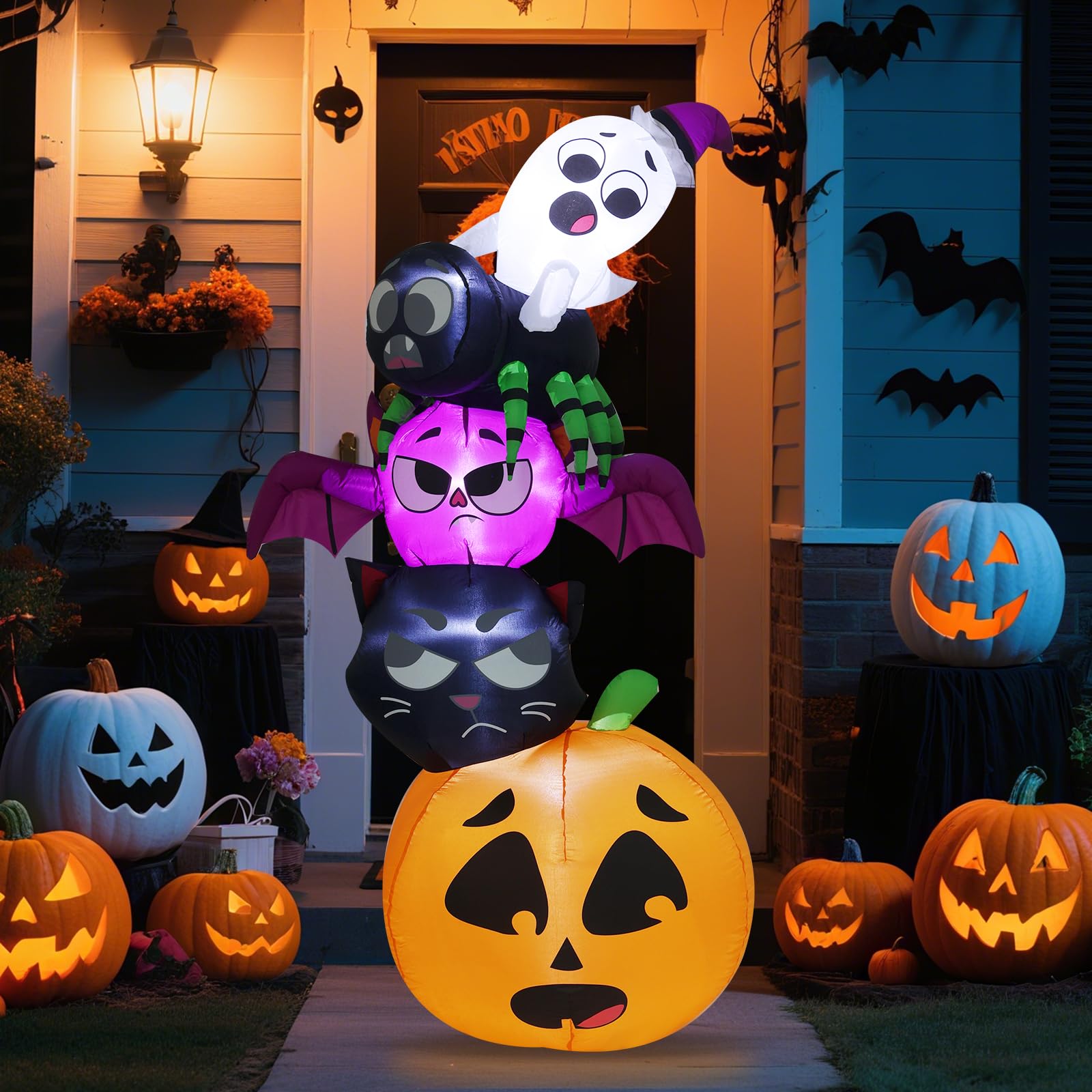 7FT Halloween Inflatables Outdoor Decoration, Cute Stacked Pumpkin Ghost Cat Bat Spider Blow Up Yard Decor with Built-in Lights 