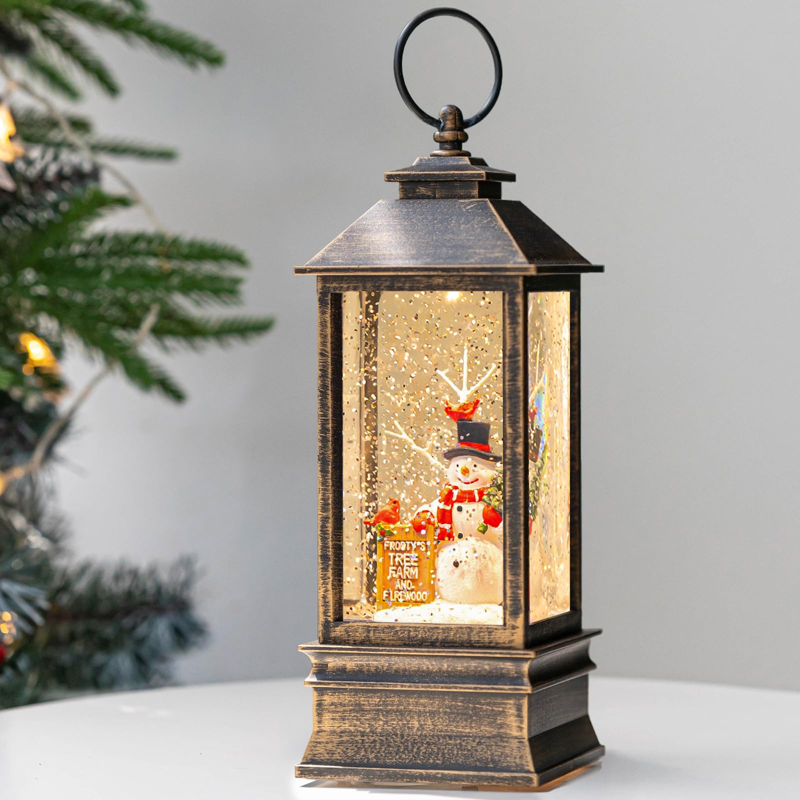 10 Frostys Tree Farm Snowman Musical Lighted Snow Globe Water Lantern with Swirling Glitter Decoration for Christmas Home, Li