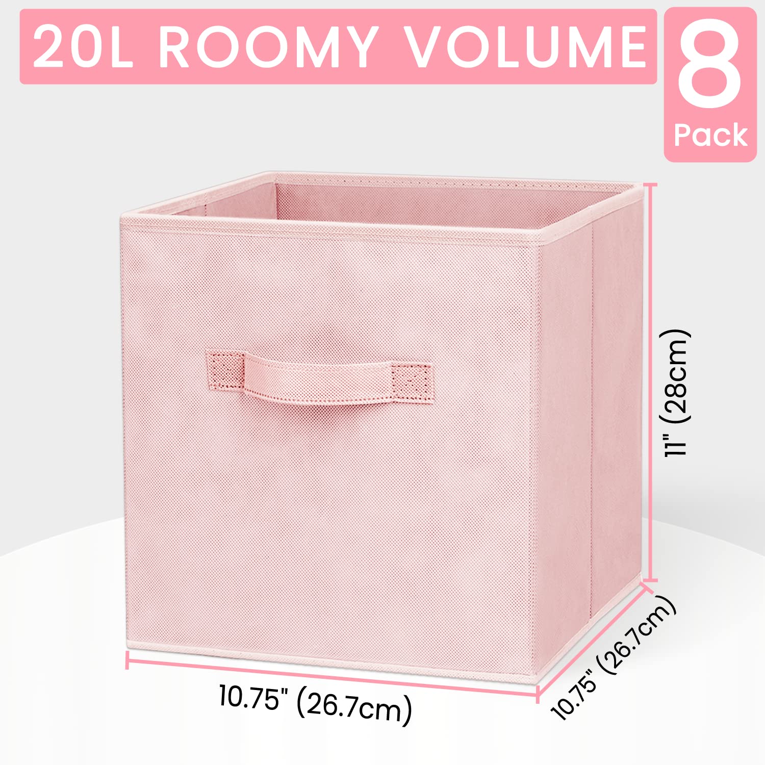 Criusia 11 Inch Cube Storage Bins - Set of 8, Pink Fabric Collapsible Baskets with Dual Handles for Closet and Shelf Organization