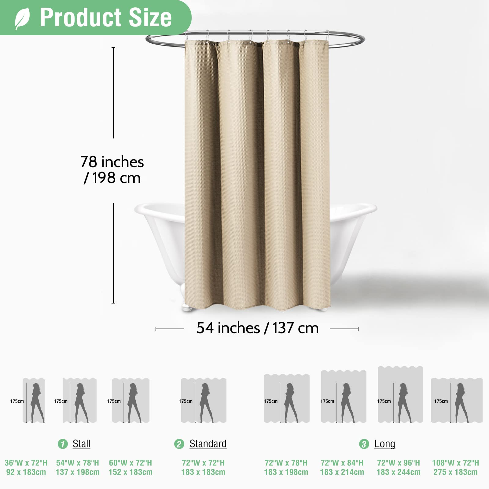 Dynamene Stall Fabric Shower Curtain - 54X78 Inch Long Waffle Weave Weighted Thick Cloth Shower Curtains For Bathroom,Neutral He