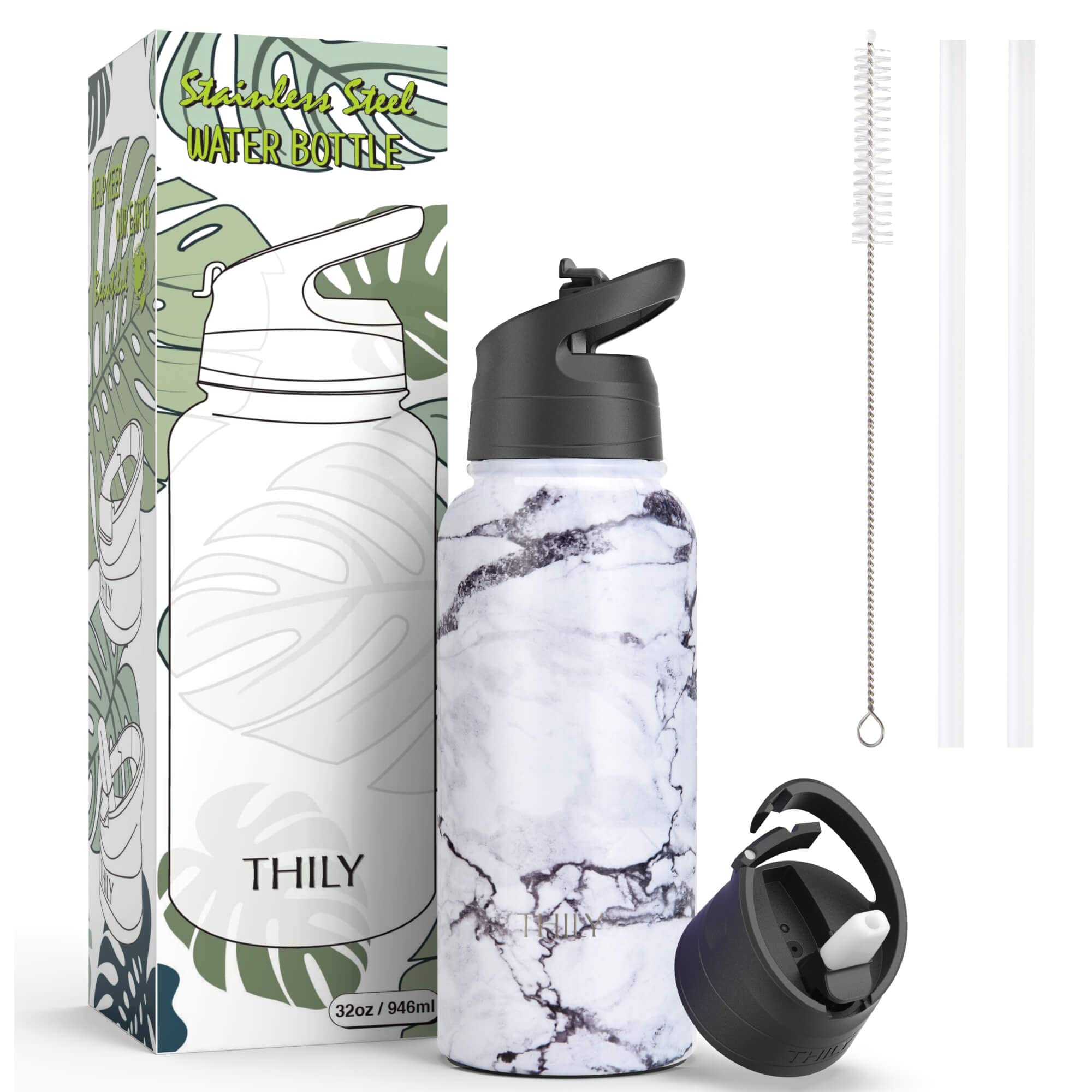 Stainless Steel Sports Water Bottle - Thily Vacuum Insulated 32 Oz Leakproof Wide Mouth Water Flask With 2 Lids And Straws, Keep