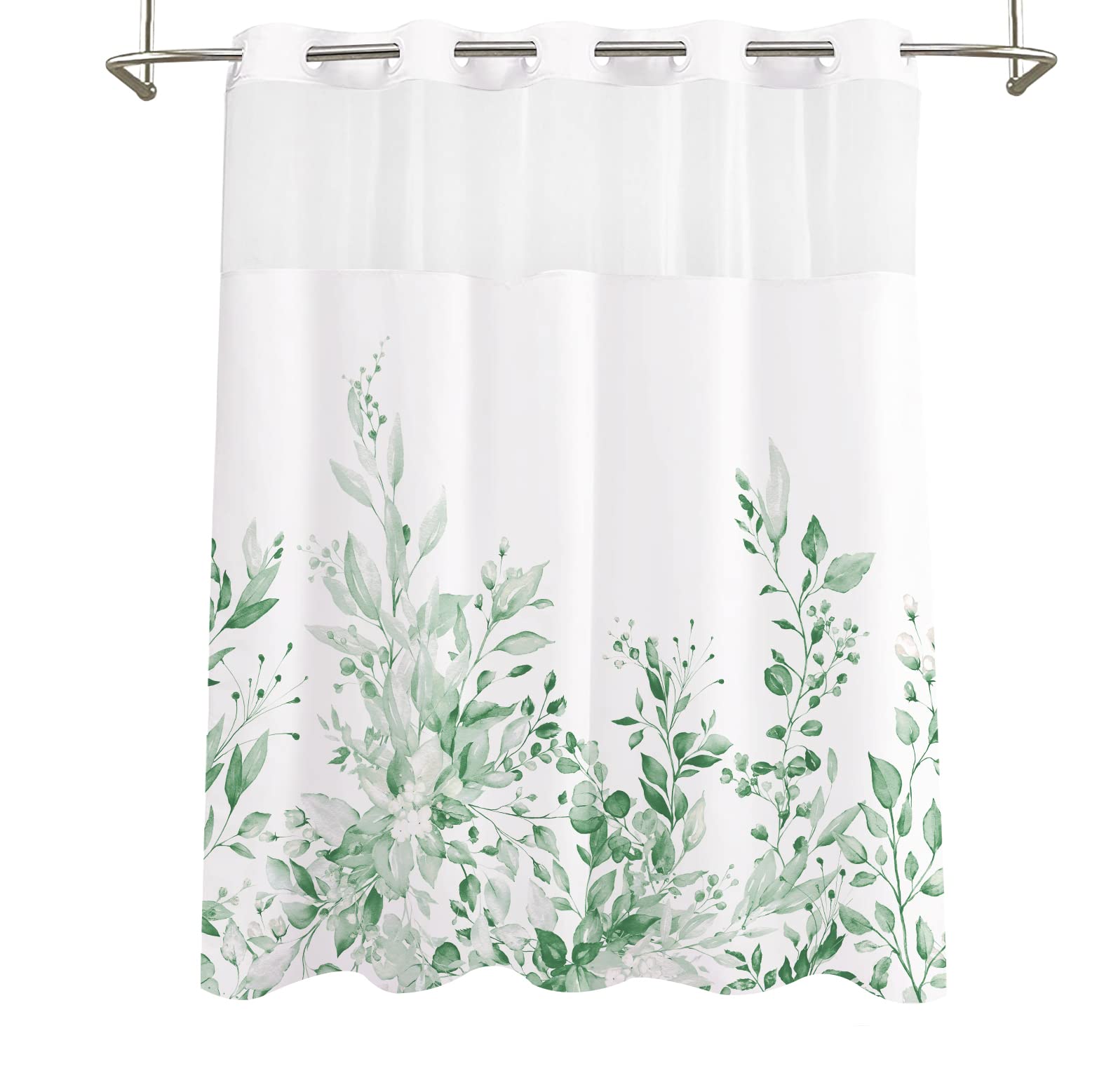 Tititex No Hooks Snap In Liner Mint Bright Green Eucalyptus Leaves Shower Curtain Sets, Hotel Luxury Double Layers Waterproof Fa