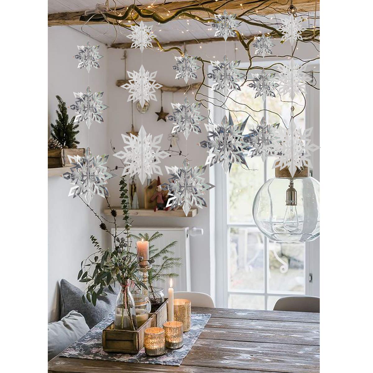 18PCS 3D White Silver Christmas Snowflake Hanging Garland and Decorations for Winter Holidays