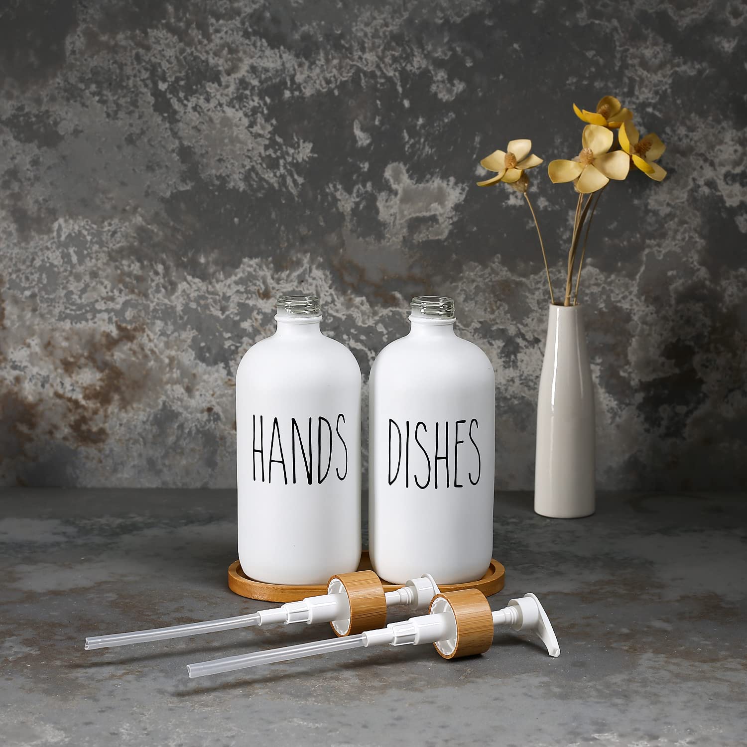 MOMEEMO White Soap Dispenser Set  Contains Glass Hand Soap Dispenser and Glass Dish Soap Dispenser. Kitchen Soap Dispenser Set Suitable for Farmhouse Kitchen Decor  Rustic Kitchen Decor. (White)