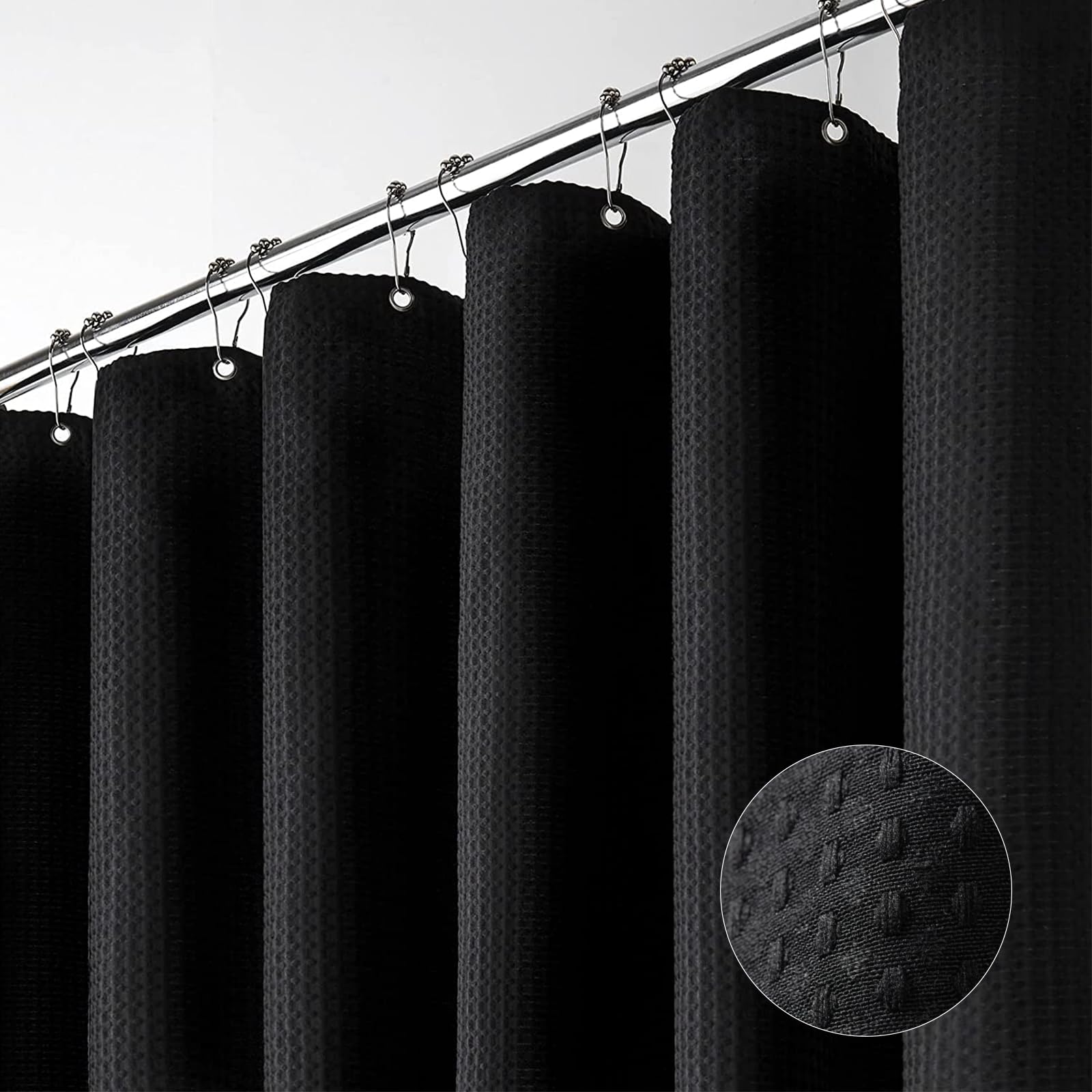 Dynamene Stall Black Fabric Shower Curtain - Waffle Textured Small Heavy Duty Cloth Shower Curtains For Bathroom, 256Gsm Narrow