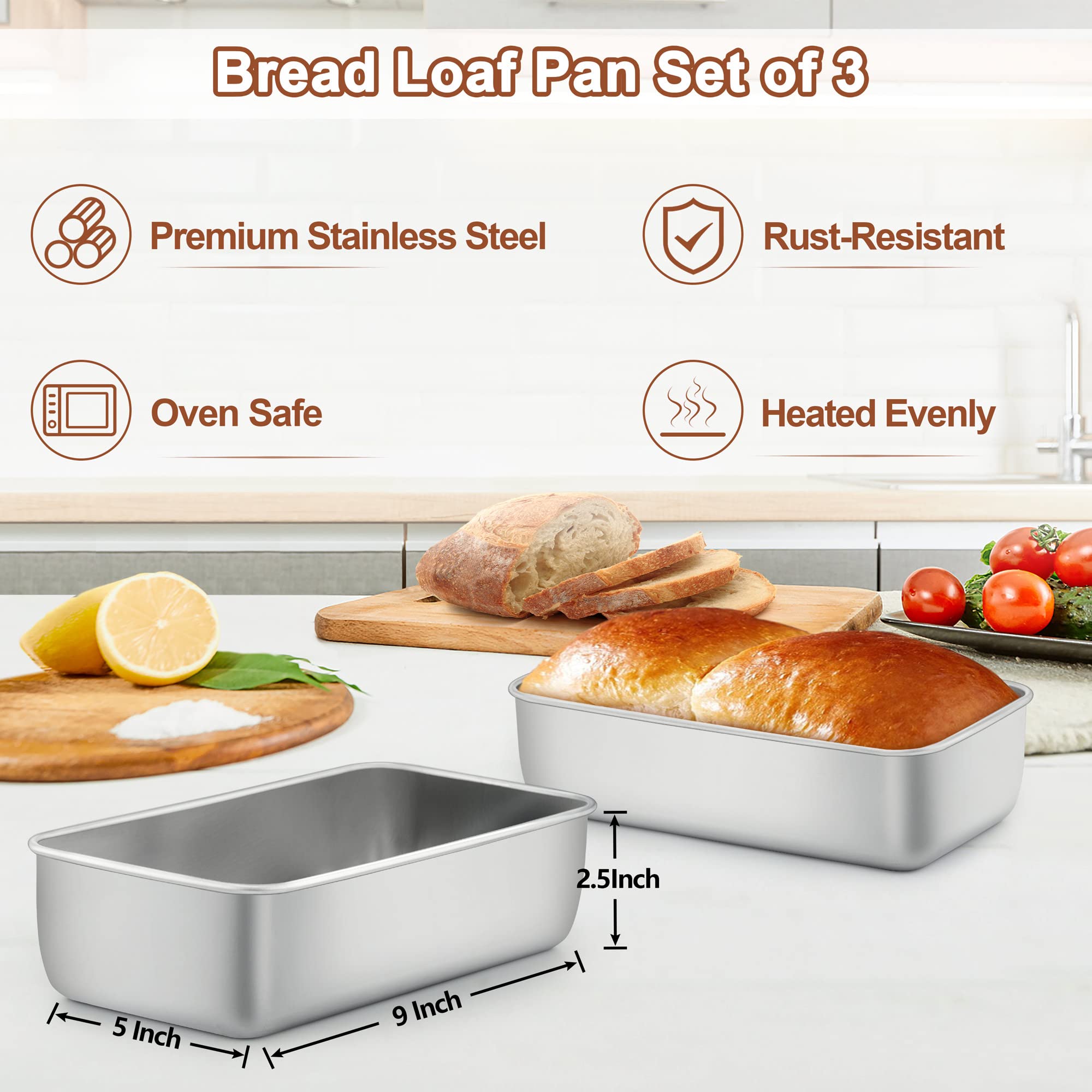 Lianyu 3 Pack Loaf Pans For Baking Bread, 9X5 Inch Bread Pan, Bread Loaf Pan For Baking, Stainless Steel Meatloaf Baking Pan, Lo