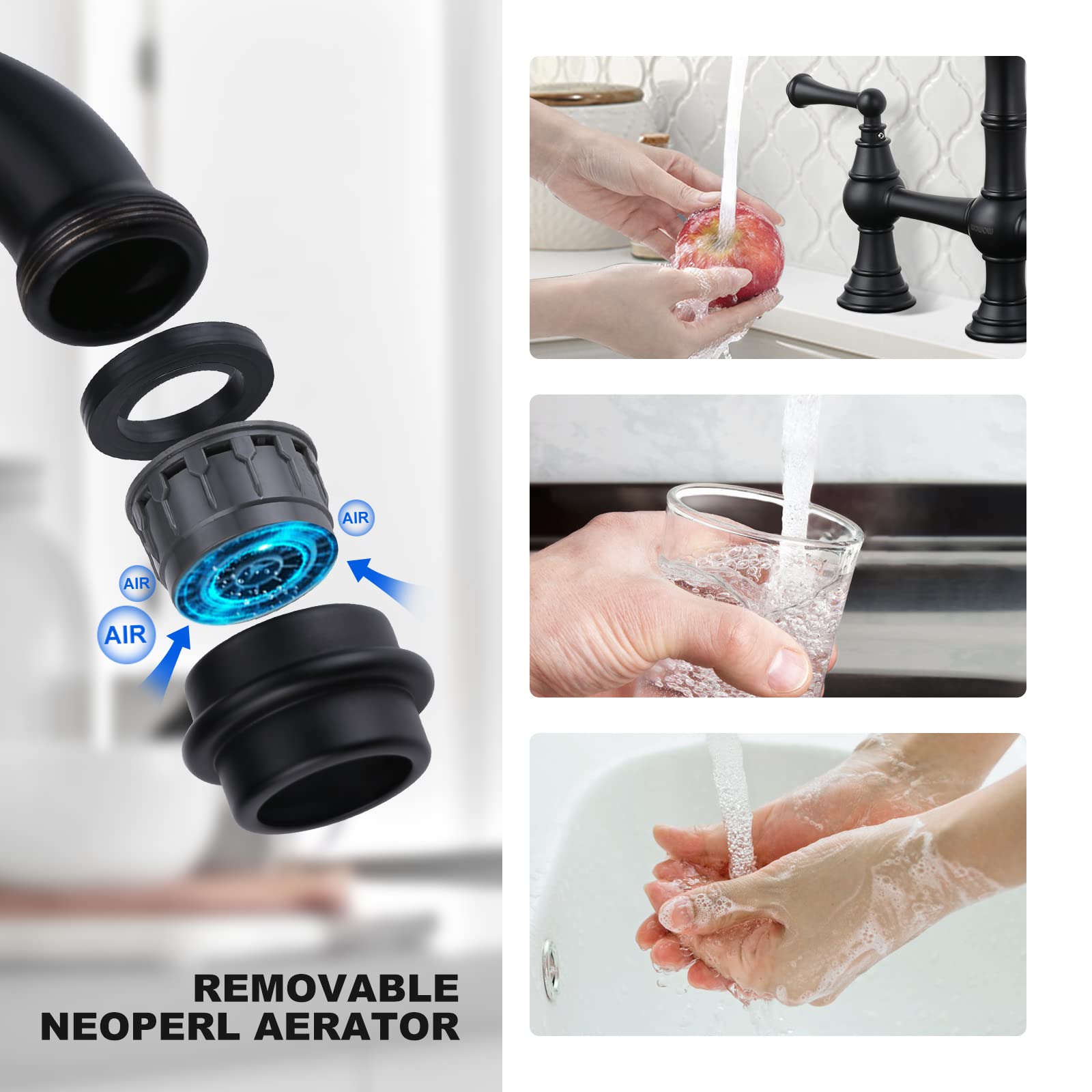 Wowow Black Kitchen Faucet With Side Sprayer, 4 Hole Brass Kitchen Faucets For Sink, 2 Handle 8 Inch Centerset Bridge Faucet Vin