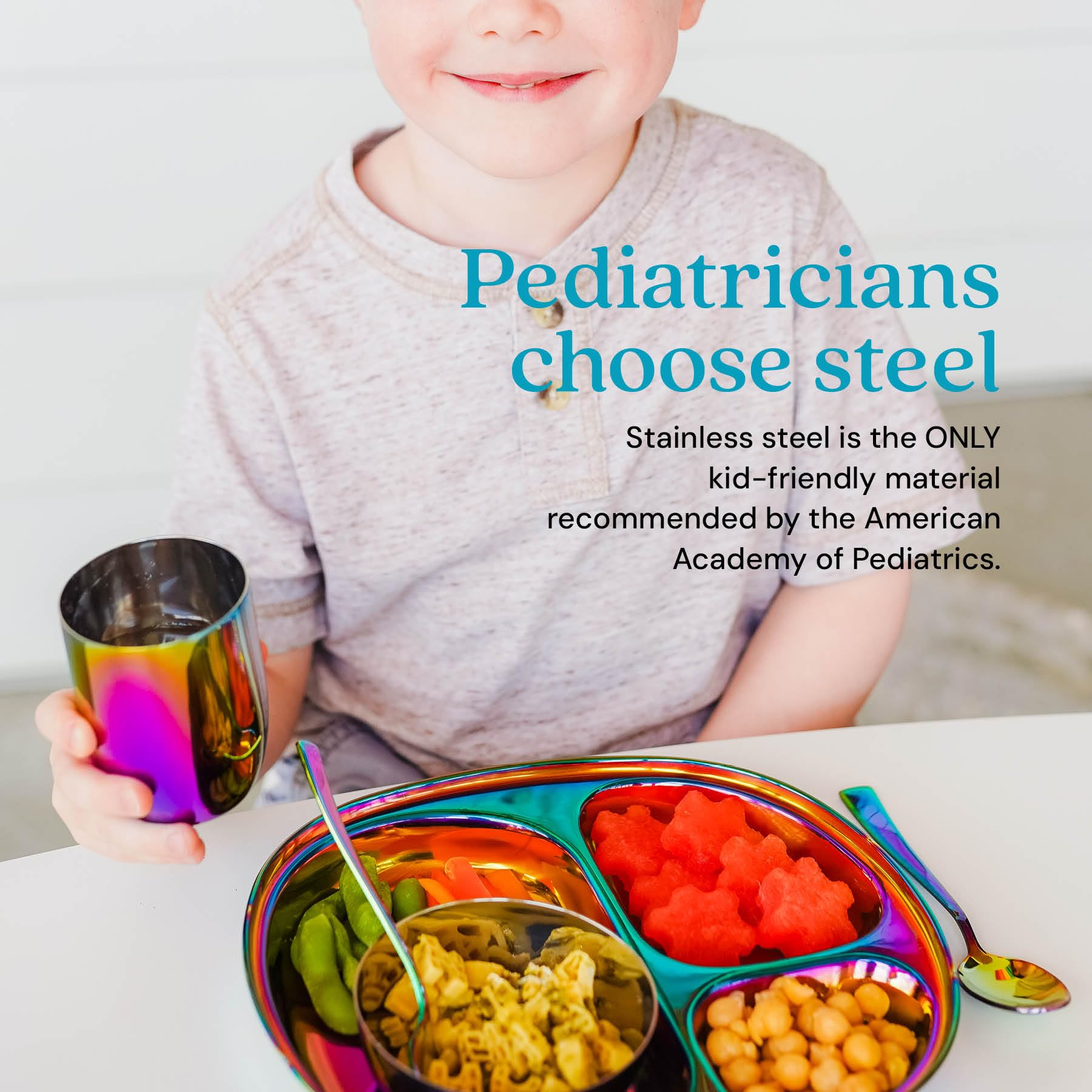Ahimsa Kids and Toddler Plate and Bowl Set | Pediatrician Designed - Mindful Mealtime 5 Piece Stainless Steel Dish Set | Include
