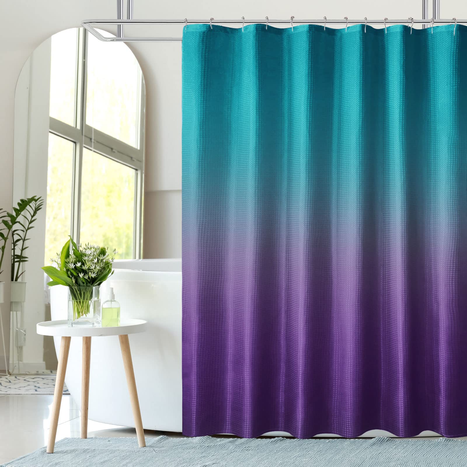 Bbiggood Ombre Shower Curtain Set For Bathroom, Teal Purple Gradient Waffle Fabric Shower Curtain, Waffle Weave Textured Shower