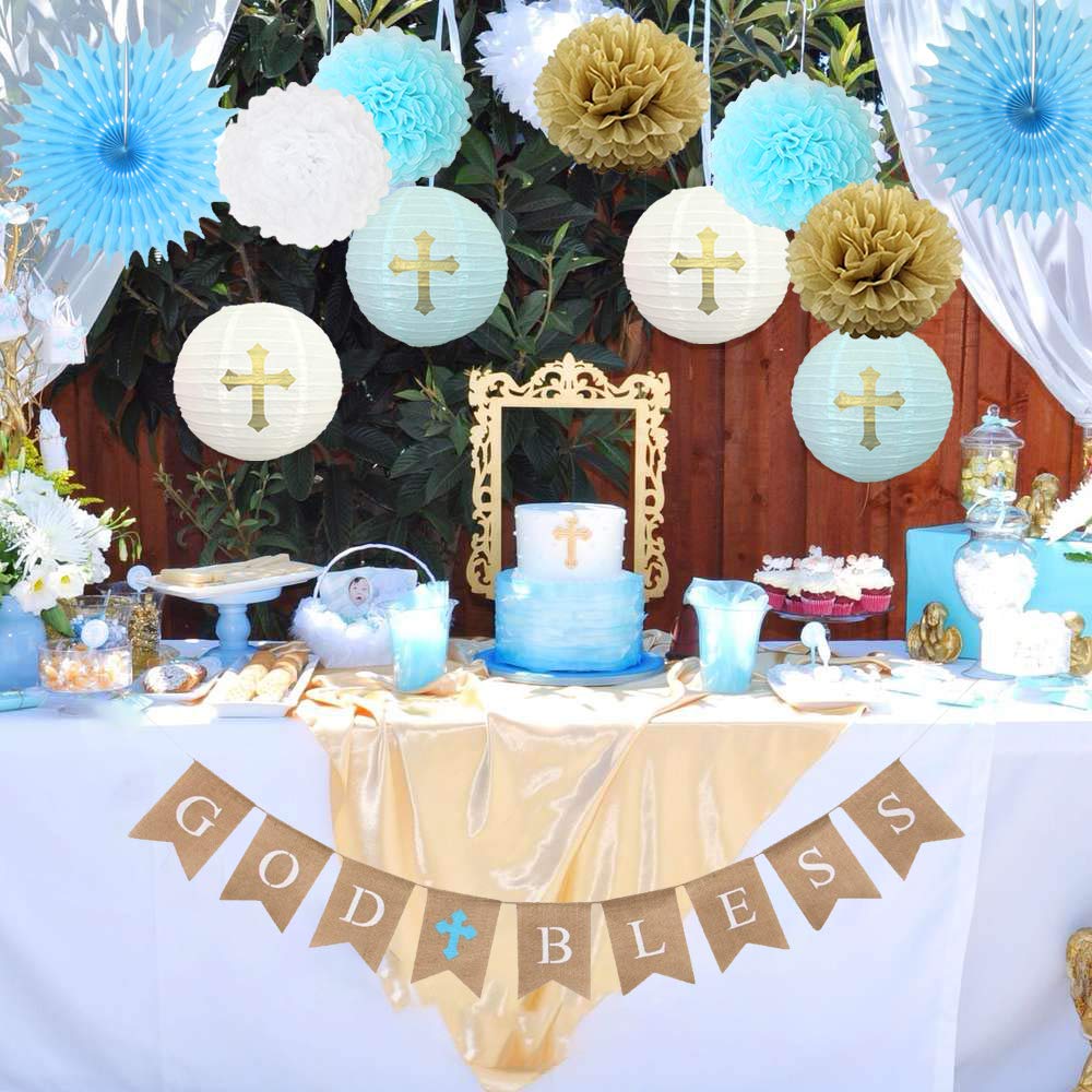 Chrorine Baptism Decorations For Boys, First Communion Confirmation Decorations, God Bless Banner And Blue Party Decorations - B