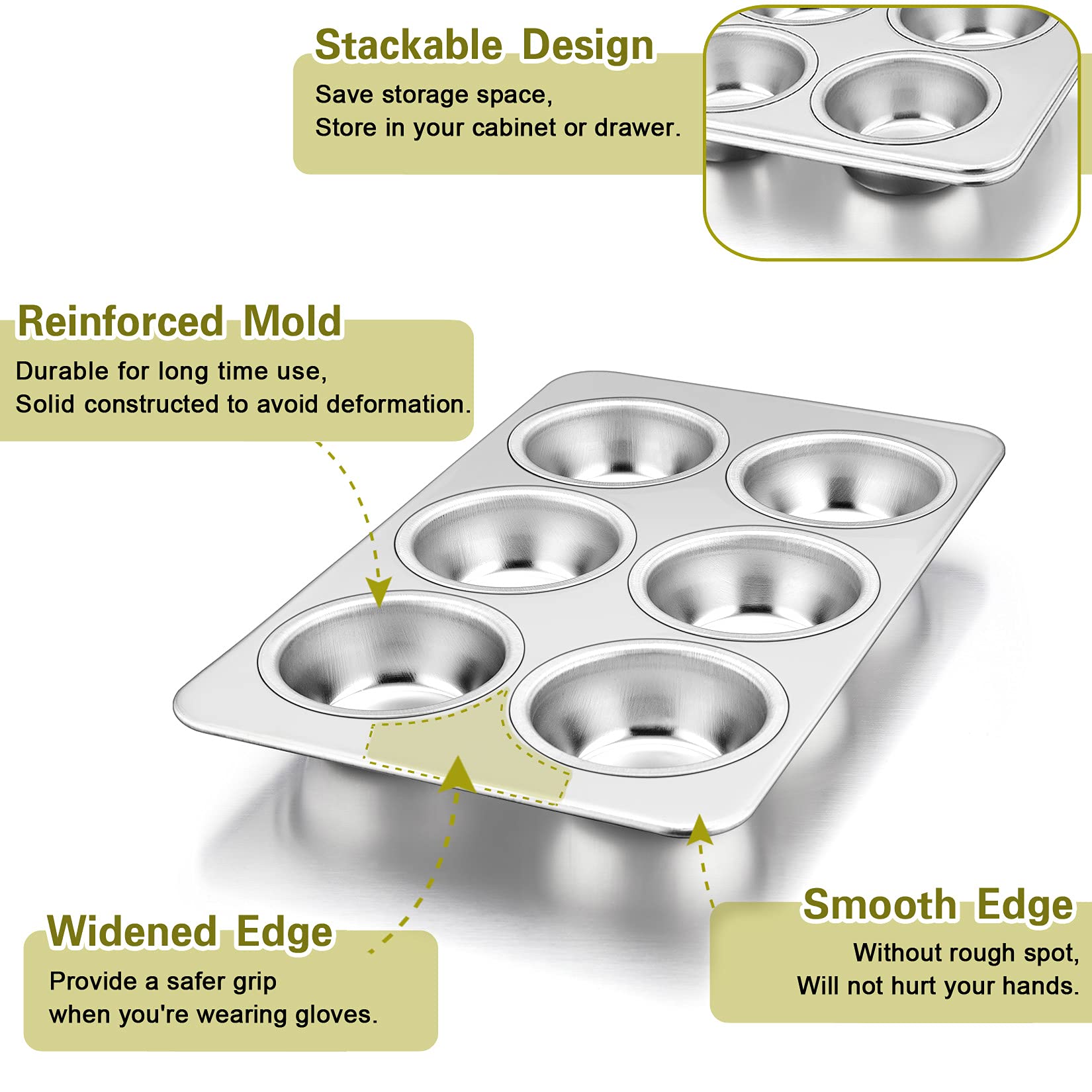 P&P Chef Muffin Pan Cupcake Pans Set Of 2, Stainless Steel Muffin Pans (6-Cups), For Mini Brownie Tart Quiches, Healthy & Durabl