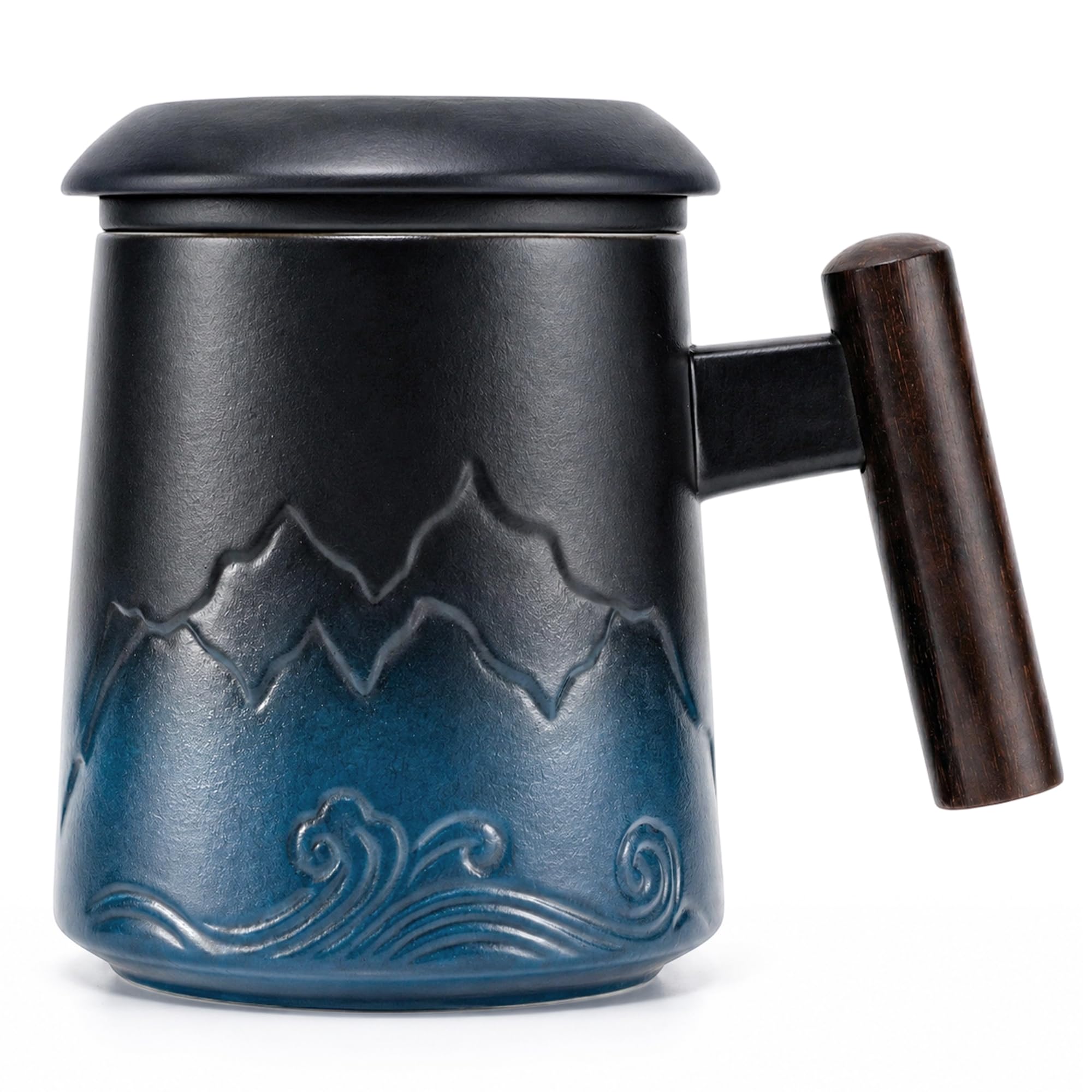 RENEWREVITAL Tea Cup with Infuser and Lid, 14oz Ceramic Loose Leaf Tea Steeper Cup with Wood Handle and Cup Lid, Blue, Black