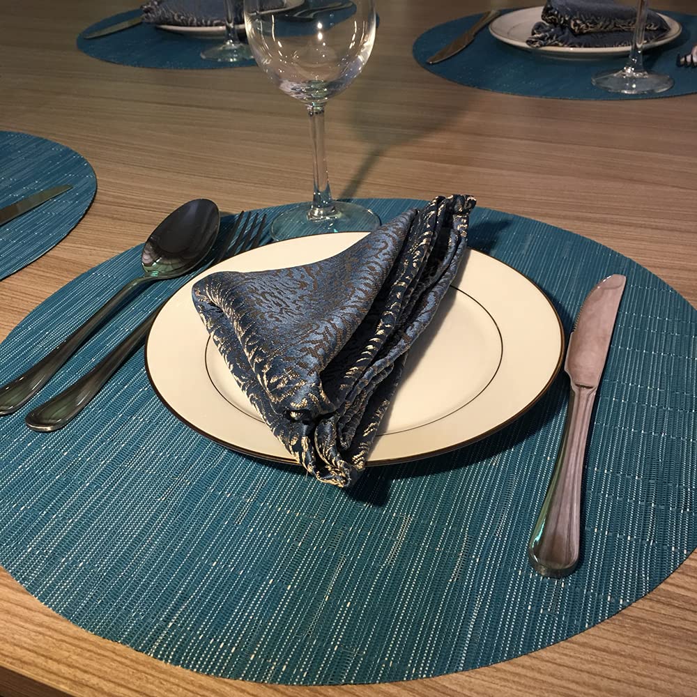 Wazaigur Round Placemats Set Of 6 Woven Vinyl Easy To Clean Heat Resistant Kitchen Table Mats 15 Inch(Blue 6)