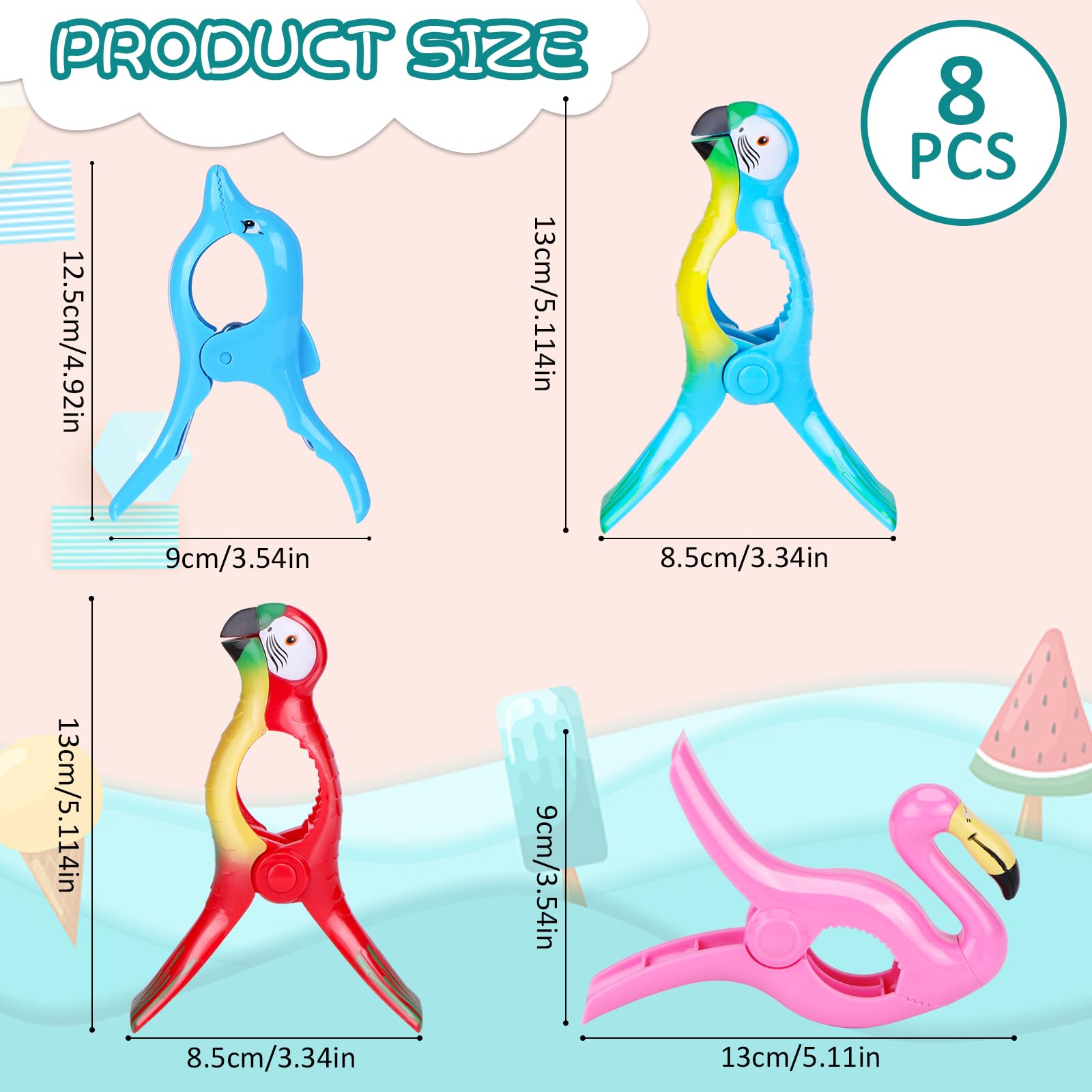 8 Pcs Beach Towel Clips, Beach Chair Clips For Towels Flamingo Parrot Clothes Pins Towel Holders Colorful Towel Clips For Chairs