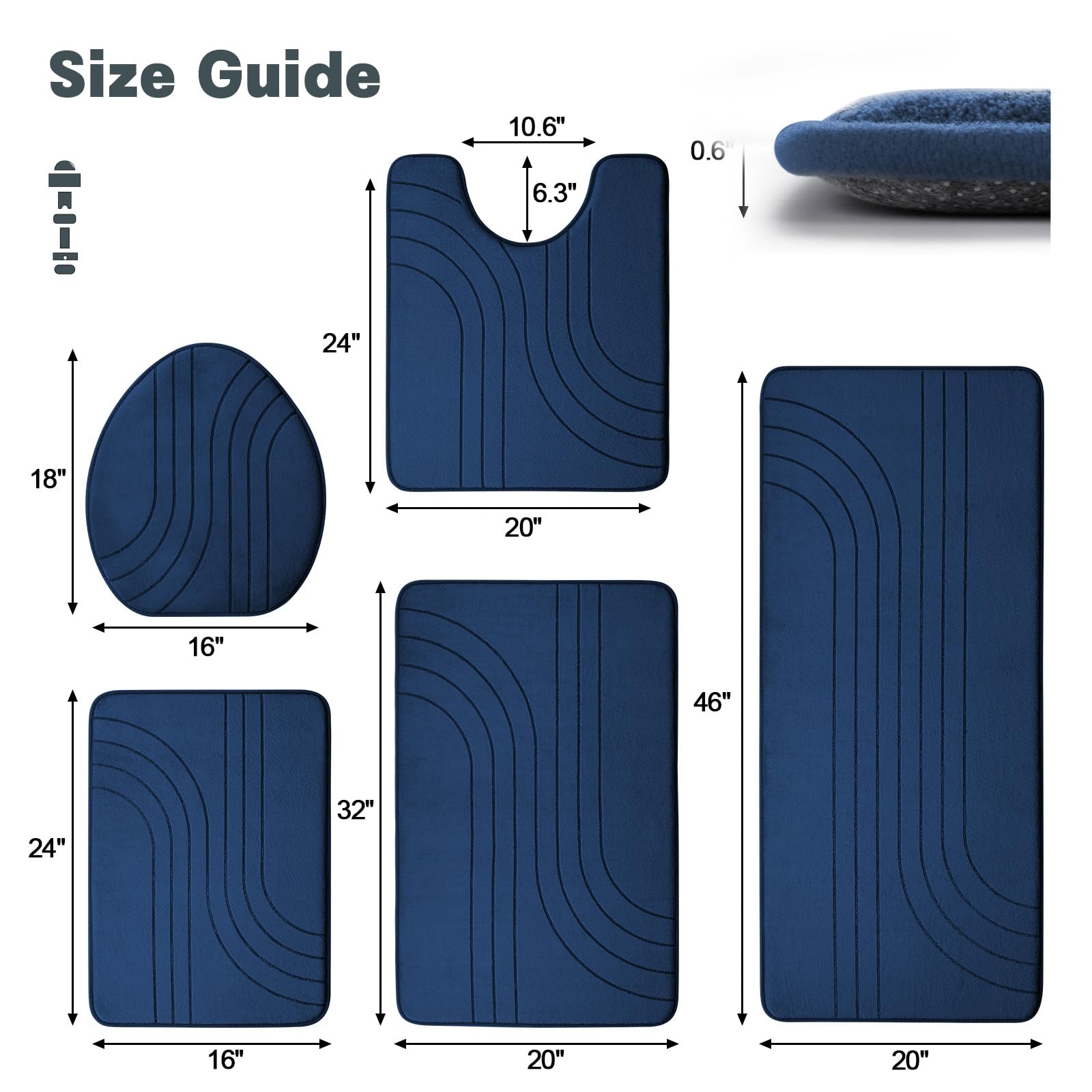 Yihouse Blue Bathroom Rug Set 5 Pieces, Soft Non Slip Memory Foam Bath Mat Set, Extra Thick Bath Mats For Bathroom, Machine Wash