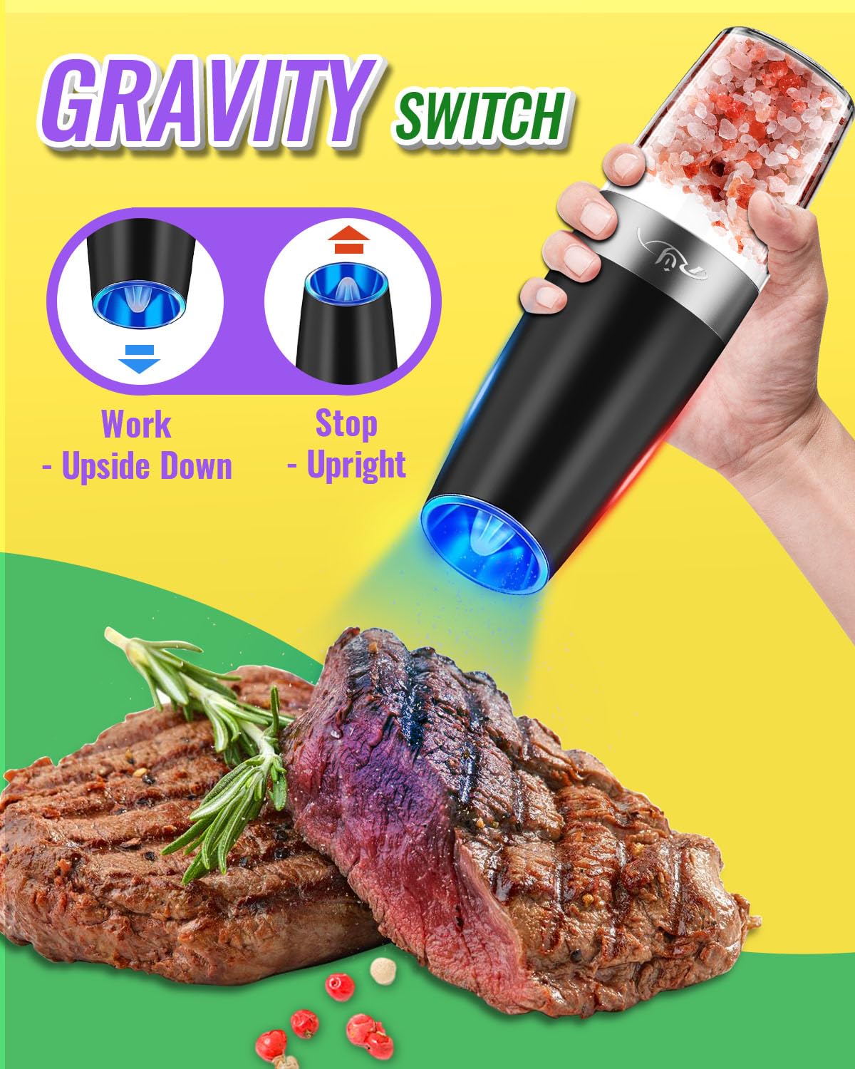 Gravity Electric Salt And Pepper Grinder Set, Automatic And Battery-Operated With Adjustable Coarseness, Led Light, One Hand Ope