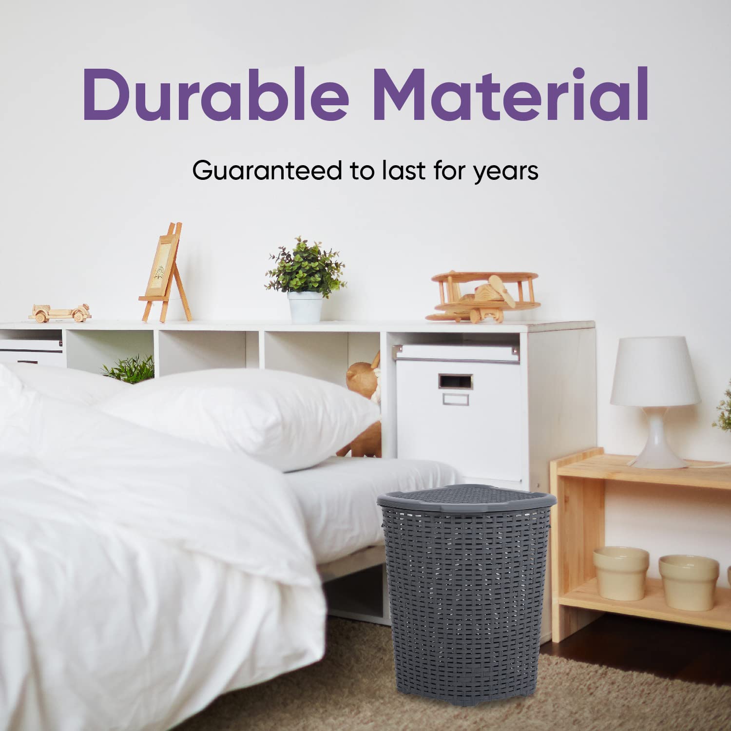 Superio Corner Laundry Hamper Basket With Lid 50 Liter - Grey Wicker Hamper - Durable, Lightweight Bin With Cutout Handles, Stor