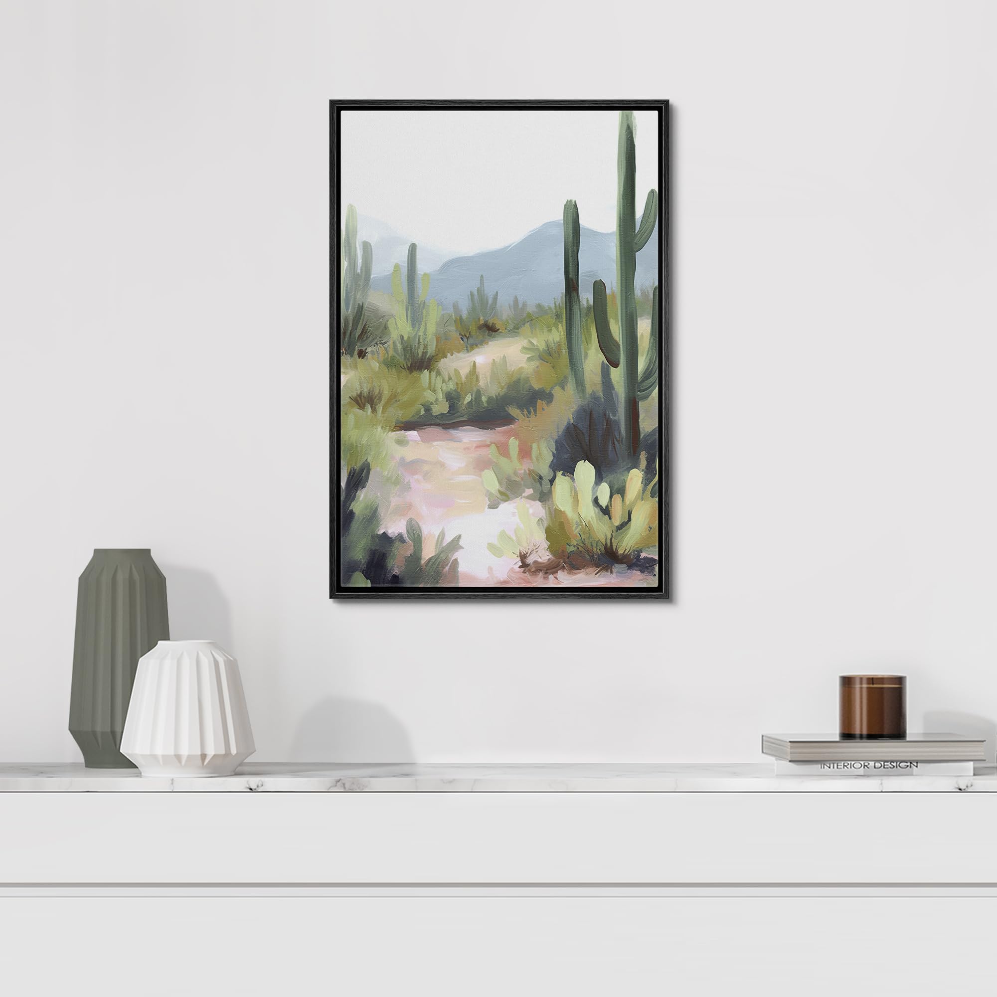 Signford Framed Canvas Print Wall Art Peaceful Desert Trail With Greenery And Cacti Nature Wilderness Illustrations Modern Art D