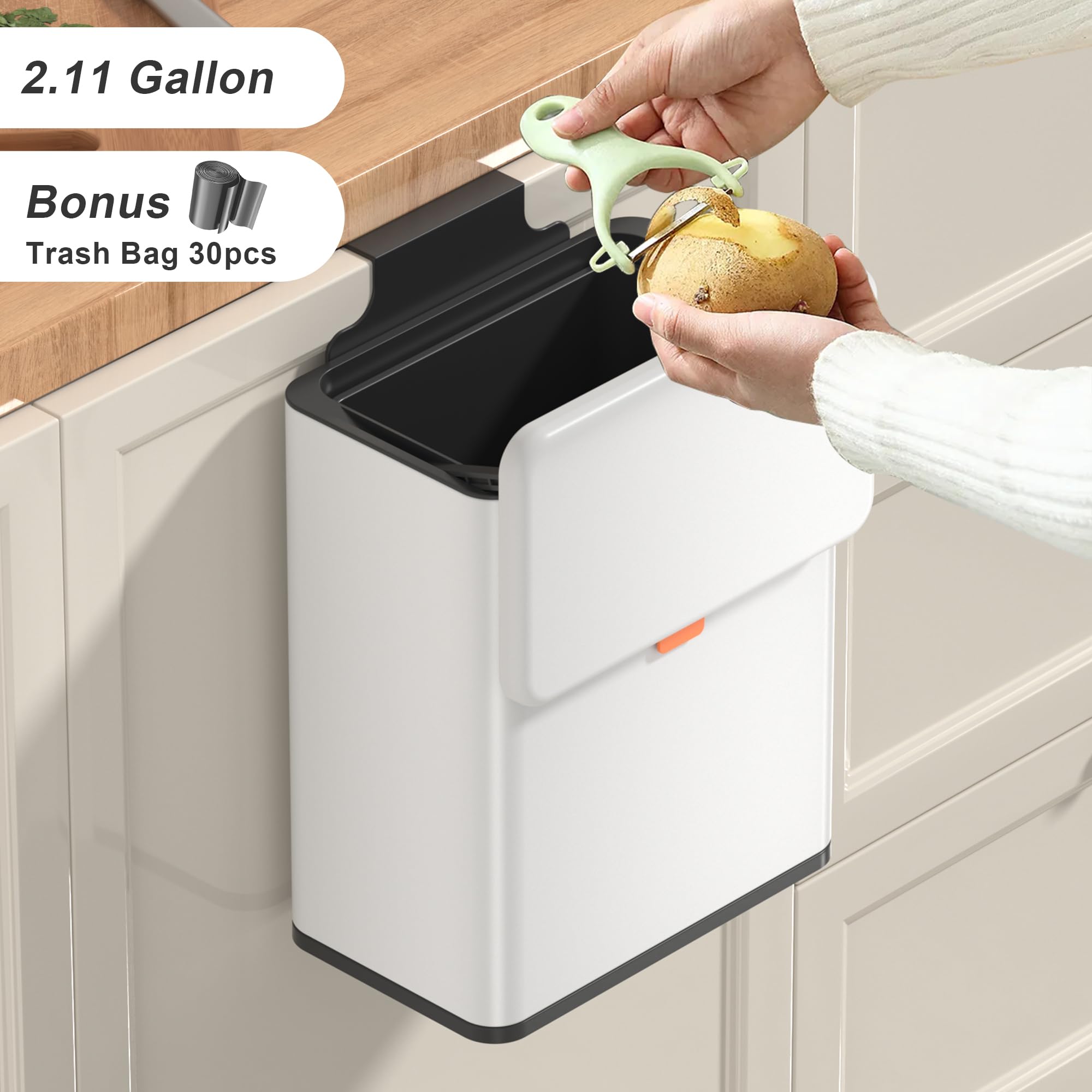 Mbillion Kitchen Compost Bin Hanging Trash Can With Lid 2.1 Gallon Stainless Steel Garbage Can For Kitchen Cabinet Door Mounted