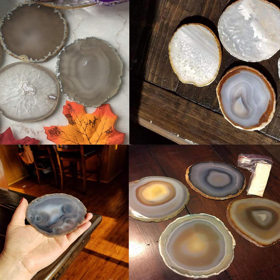 Jic Gem Natural Sliced Agate Coaster With Rubber Bumper Set Of 4 (3-3.5'', Natural)