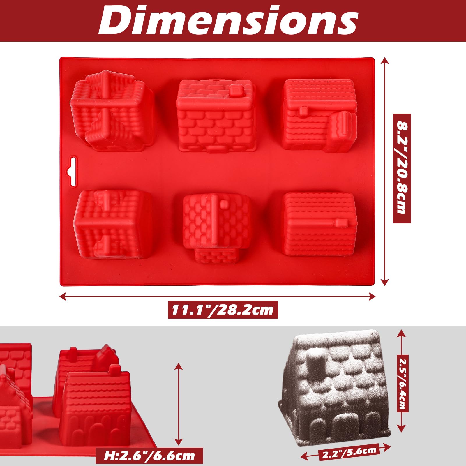 Kamehame 6-Cavity Silicone Gingerbread House Cake Mold, Red, Model KA23023 for Cake Decoration, Cupcakes, Soap, and Pudding