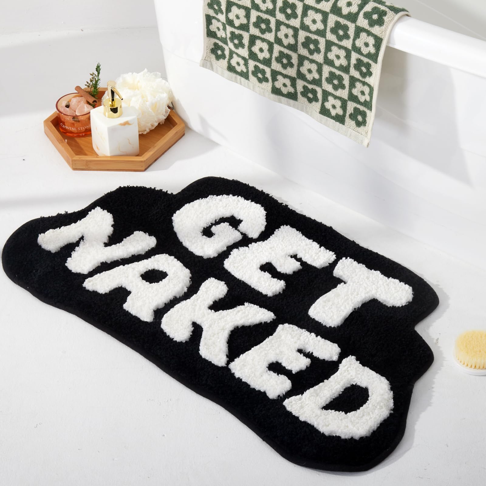 Dyefury Irregular Shaped Get Naked Bath Mat - Funny Bathroom Rugs, Small Cute Bathroom Decor, Non-Slip Black And White Bathroom