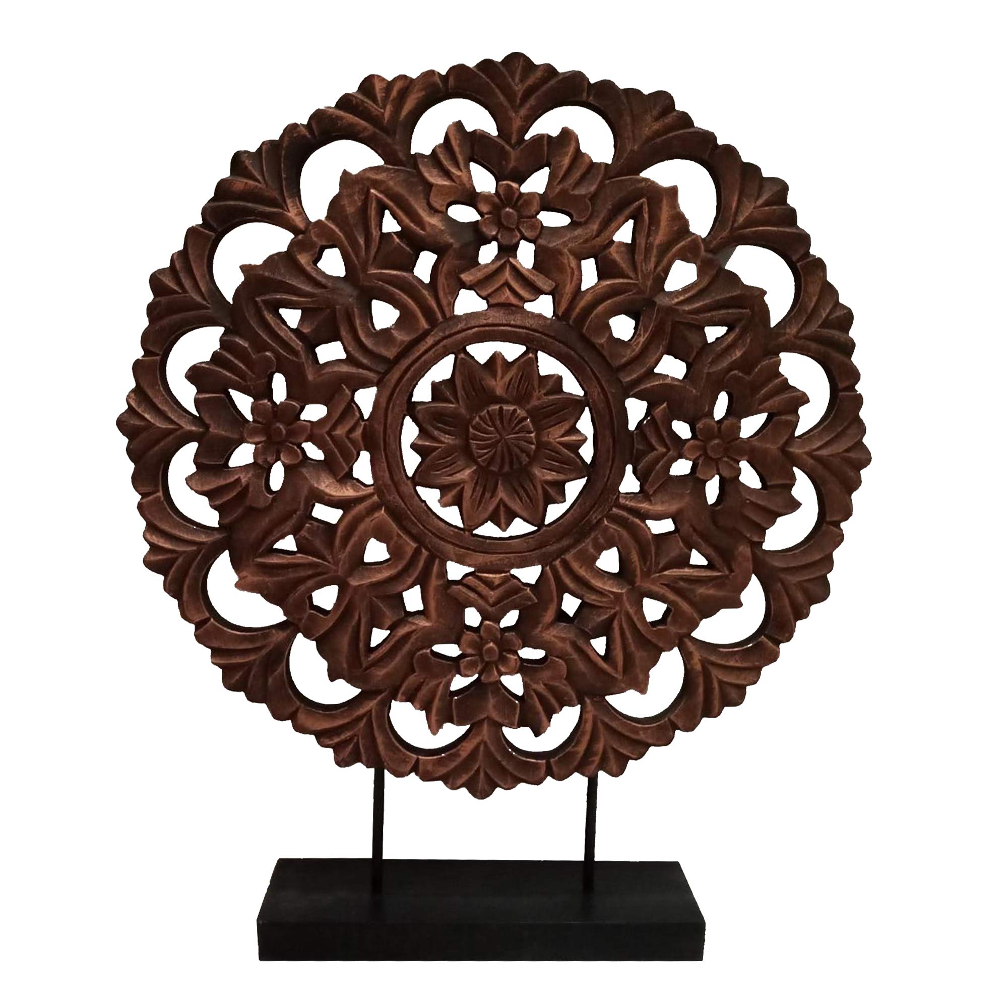 The Urban Port Intricately Carved Round Wooden Wheel Sculpture on Rectangular Stand, Small