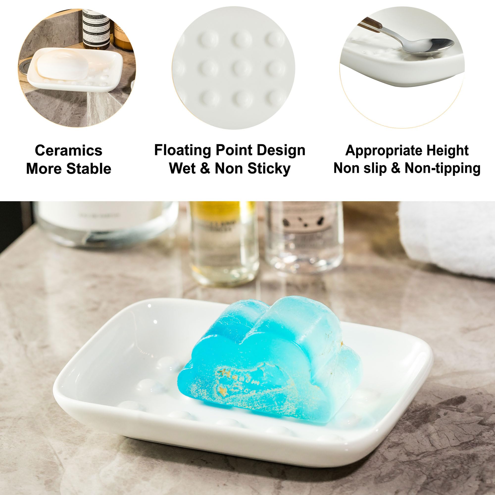 Miamolo Soap Dish, Ceramic Soap Holder Shower Soap Dish For Bar Soap Sponge, Soap Saver Tray For Bathroom Kitchen Sink, White