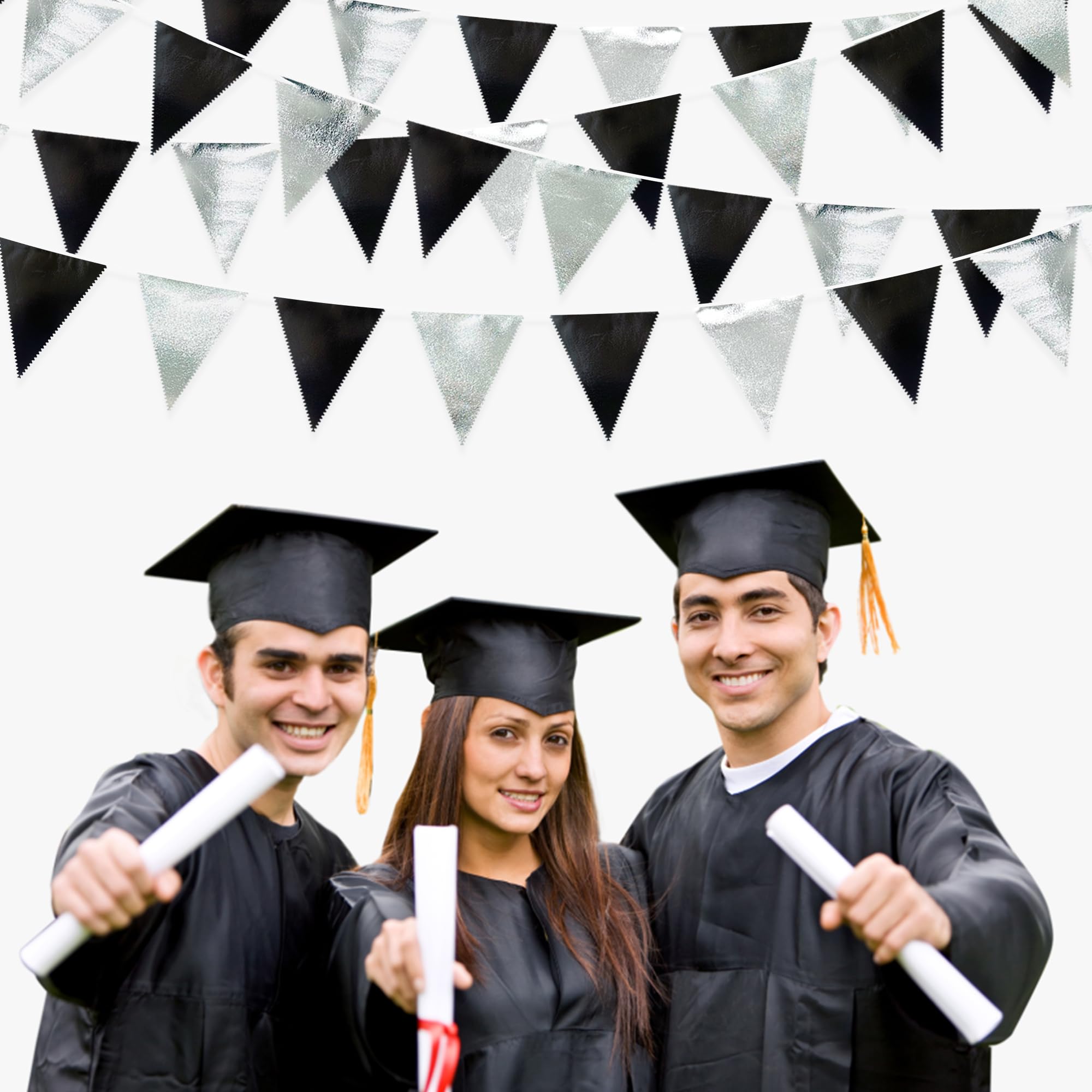 Black And Silver Party Decorations Triangle Pennant Banner Flag Metallic Fabric Bunting Garland For Birthday Graduation Retireme