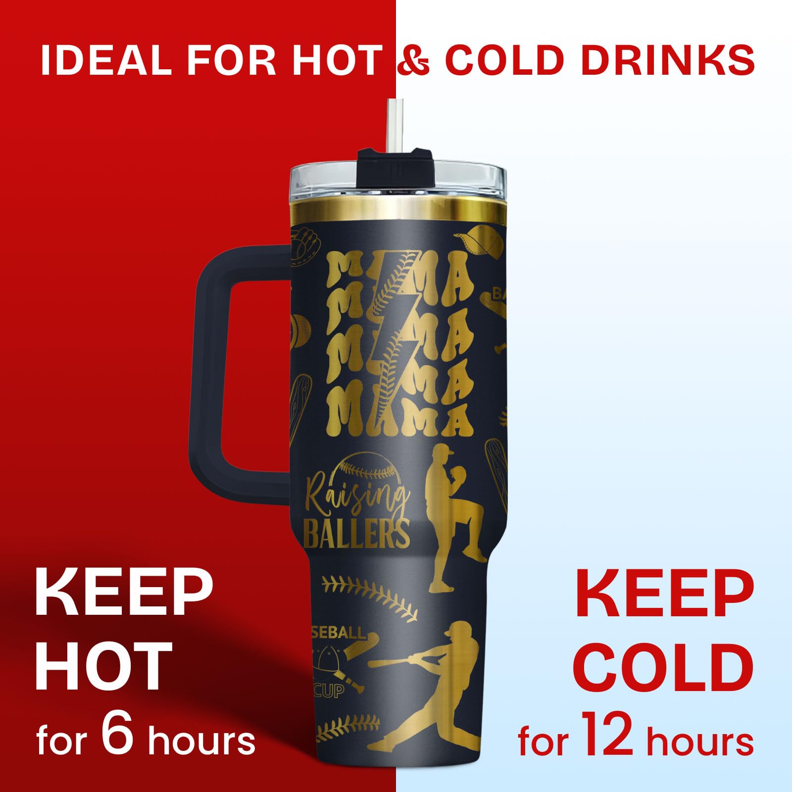 34HD Baseball Mom Gifts for Mothers Day Birthday, Baseball Mom Tumbler with Handle and Straw, 40oz Insulated Mommy Coffee Mug Co