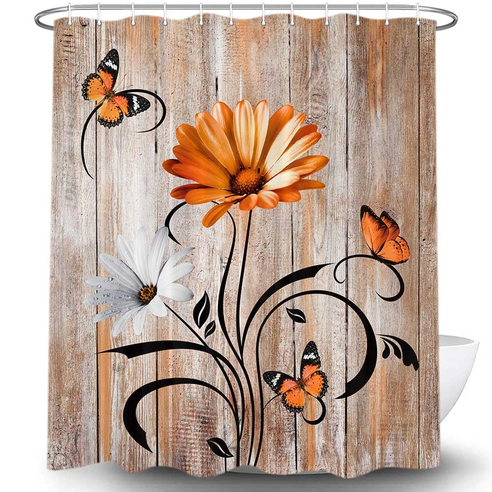 Rustic Farmhouse Floral Fall Shower Curtain, Farm Boho Orange Daisy Flowers And Butterfly On Country Wooden Shower Curtain For B