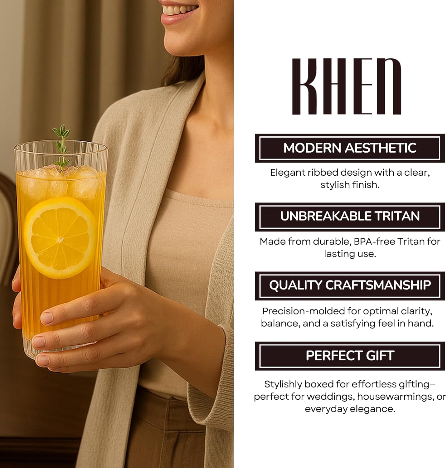 Khen Shatterproof Acrylic Ribbed Drinking Glasses Set of 2