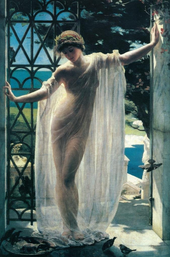 John Reinhard Weguelin Lesbia Poster 1878 Neo Classical Oil On Painting Women In Sheer Fabric Cool Wall Art Print Poster 16X24