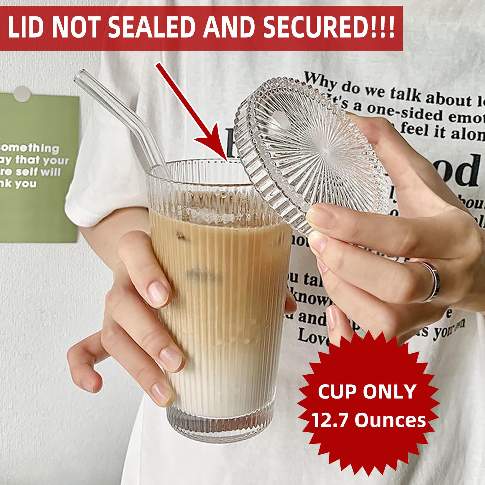Yahuipeius Glass Tumbler Stripe Glass Cup Coffee Cup With Lid And Straw Lids Don'T Secure 12.5 Oz Drinking Glasses For Water,Ice